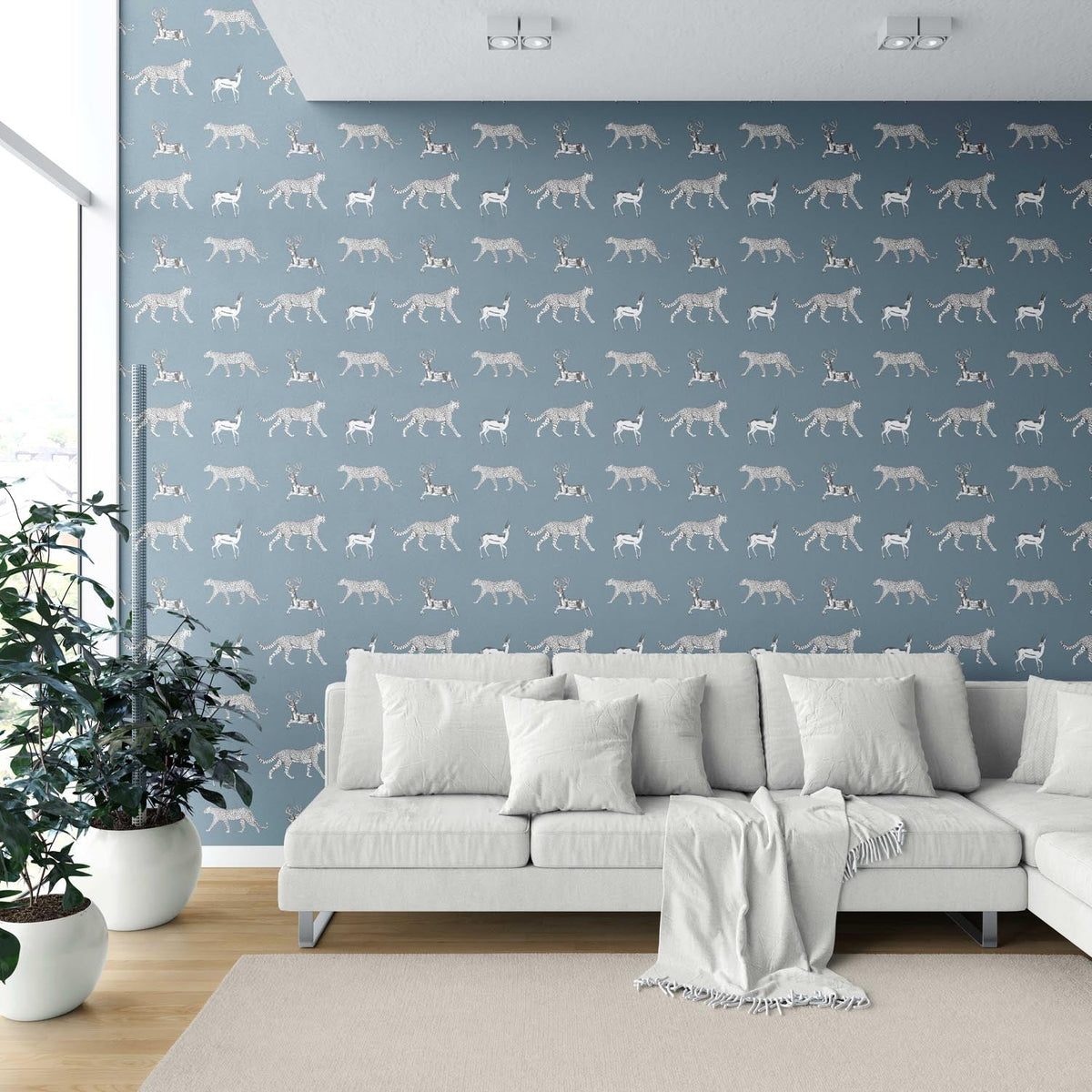 Leopard Animal Print Shower Toilet Wallpaper Sample (Slate Blue/ White)