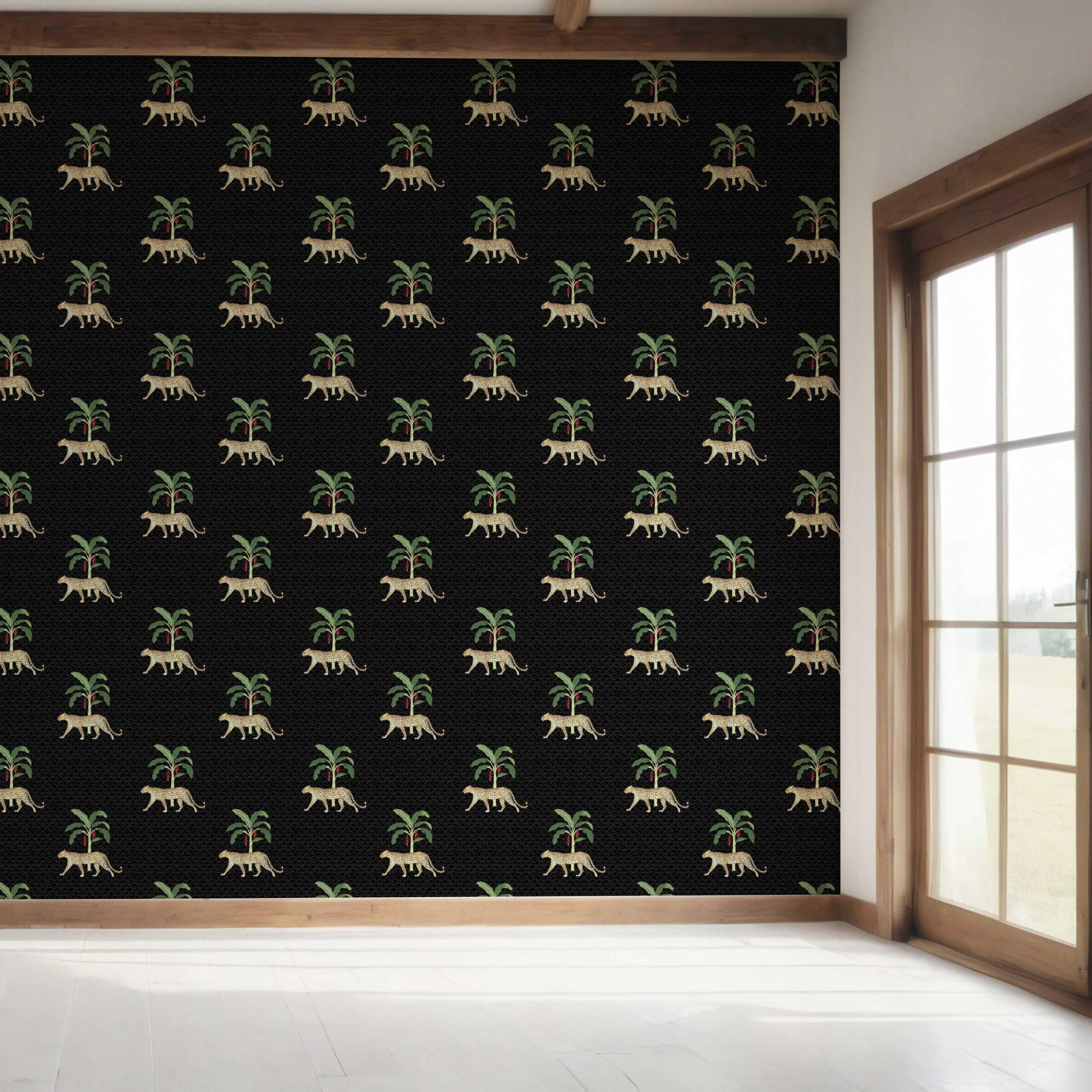 Leopard Animal Print Bedroom Wallpaper (Black/ Tan/ Red/ Green)
