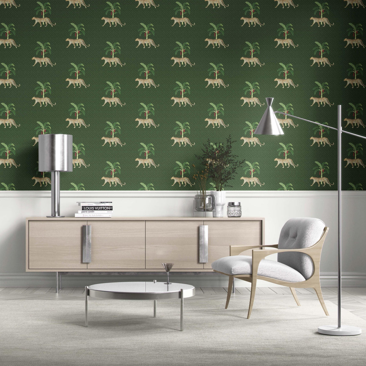 Leopard Animal Print Kitchen Wallpaper (Green/ Red/ Tan)