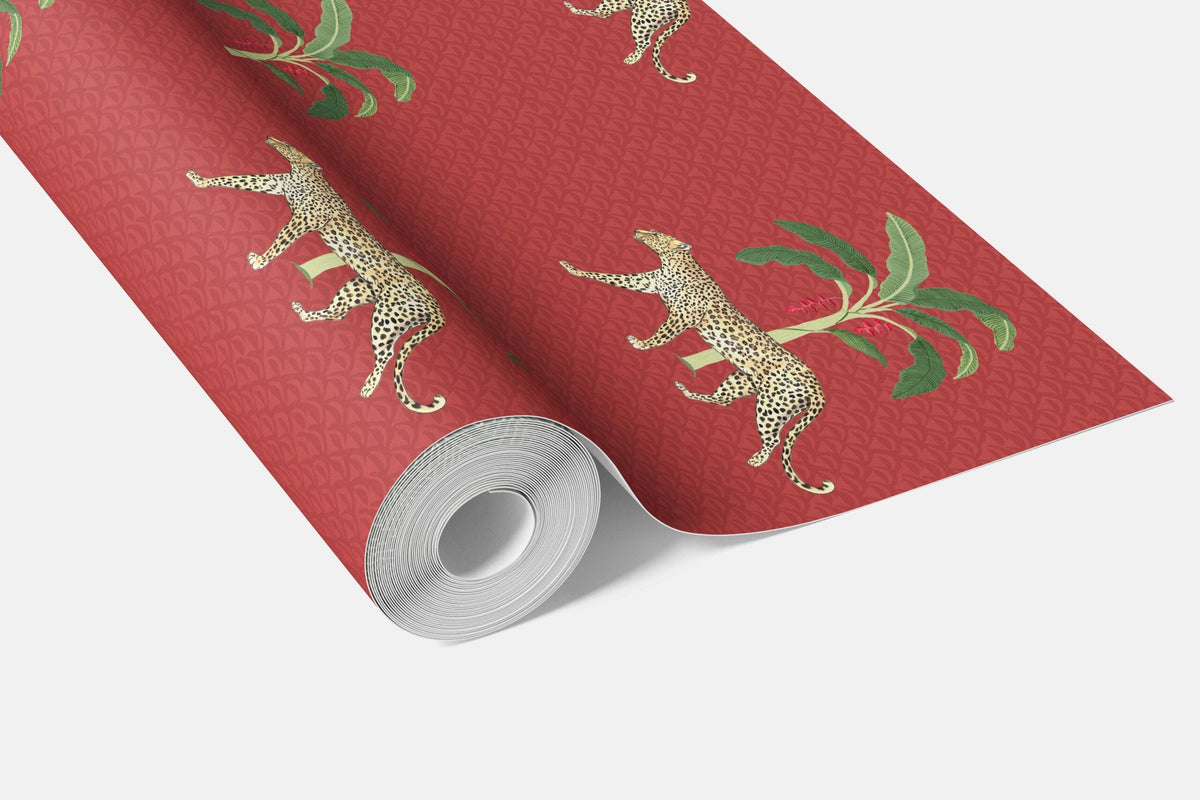 Leopard Animal Print Bathroom Wallpaper Sample (Red/ Green/ Tan)
