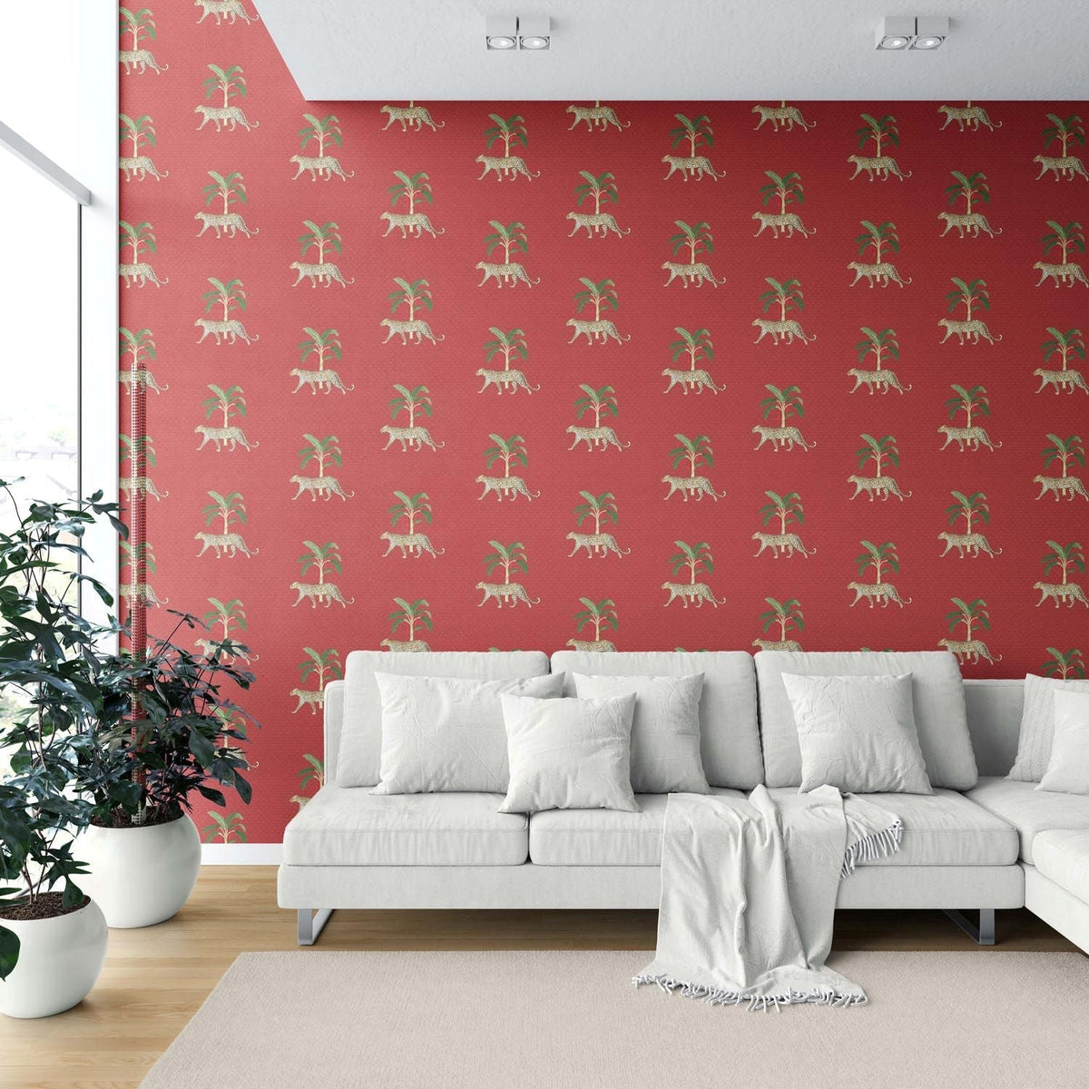 Leopard Animal Print Shower Toilet Wallpaper (Red/ Green/ Tan)
