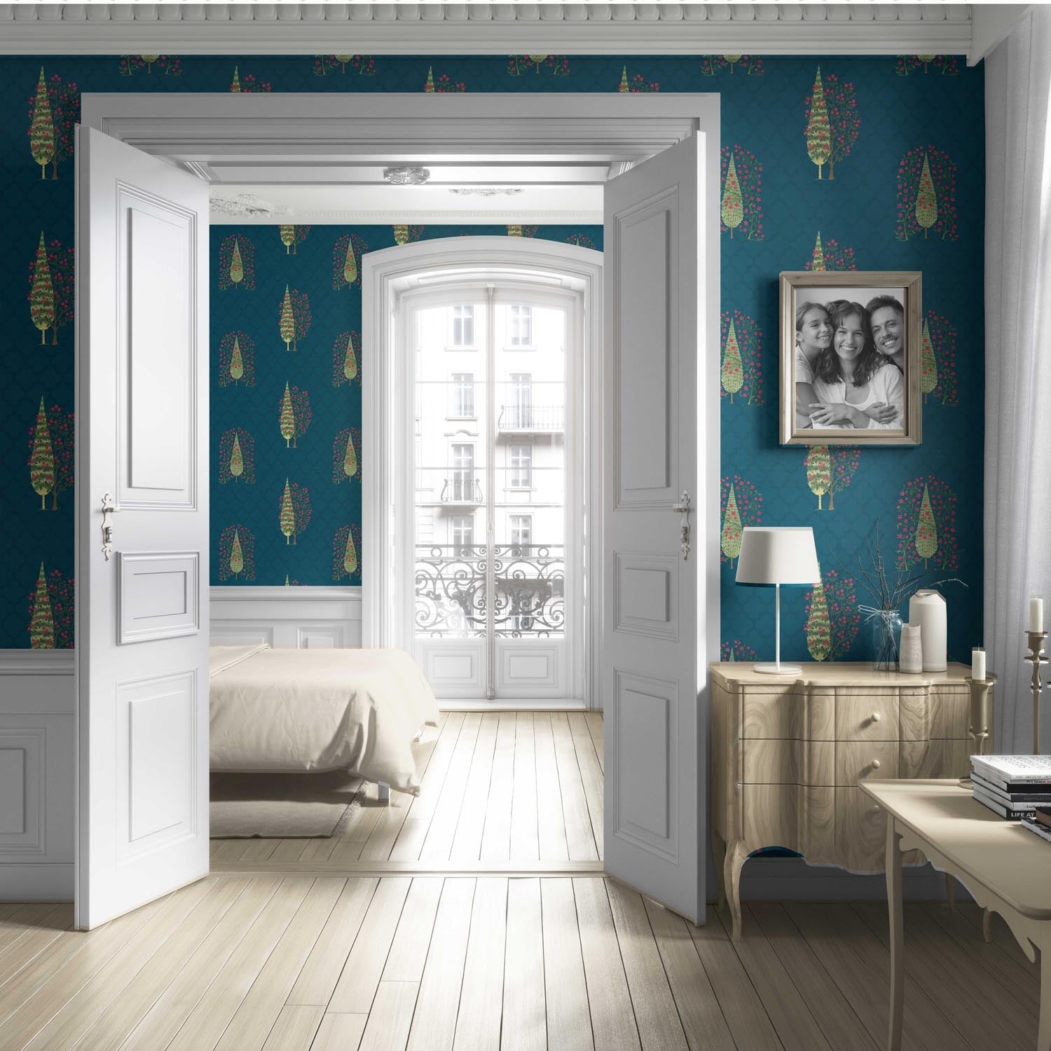 Botanical/ Floral Print Living Room Wallpaper Sample (Teal Blue/ Pink/ Green)