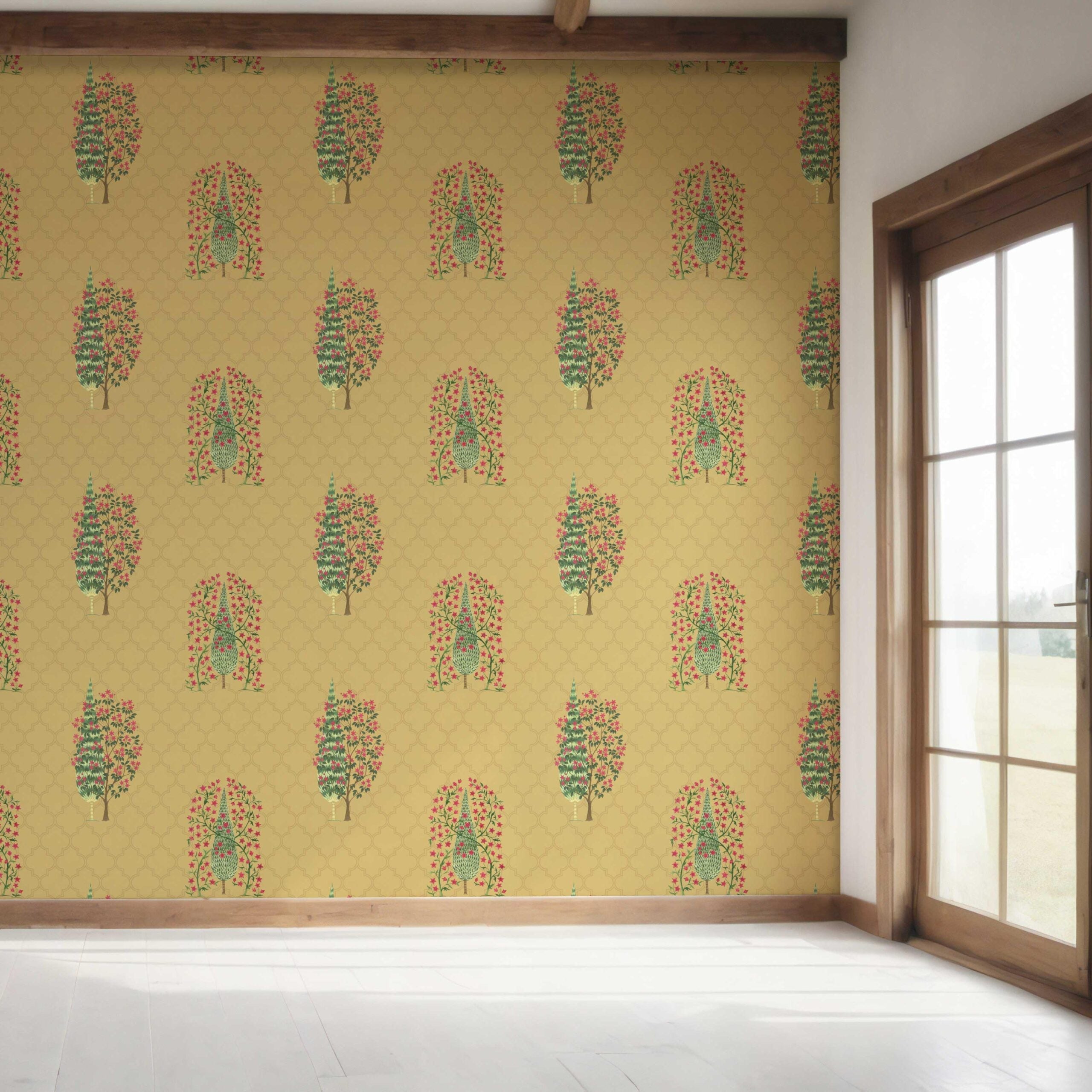 Botanical/ Floral Print Bedroom Wallpaper Sample (Yellow/ Pink/ Green)