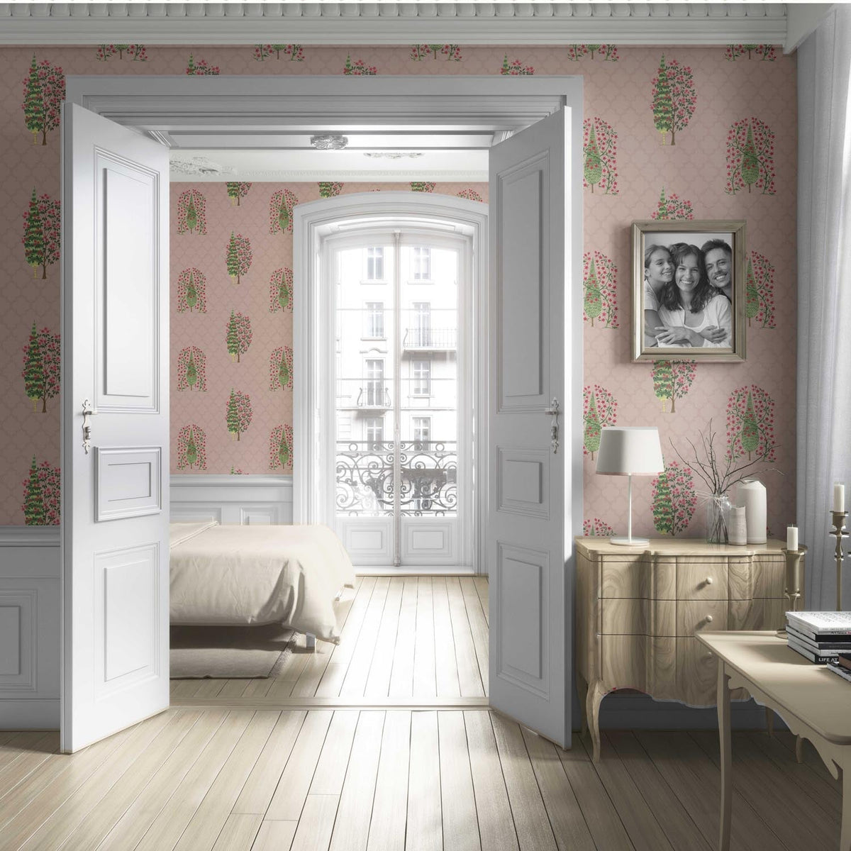 Botanical/ Floral Print Living Room Wallpaper Sample (Blush Pink/ Green)