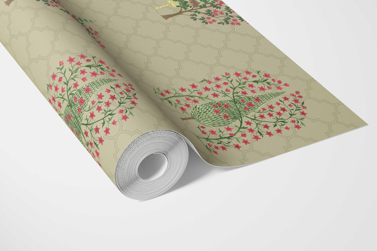 Botanical/ Floral Print Bathroom Wallpaper Sample (Olive Green/ Pink)