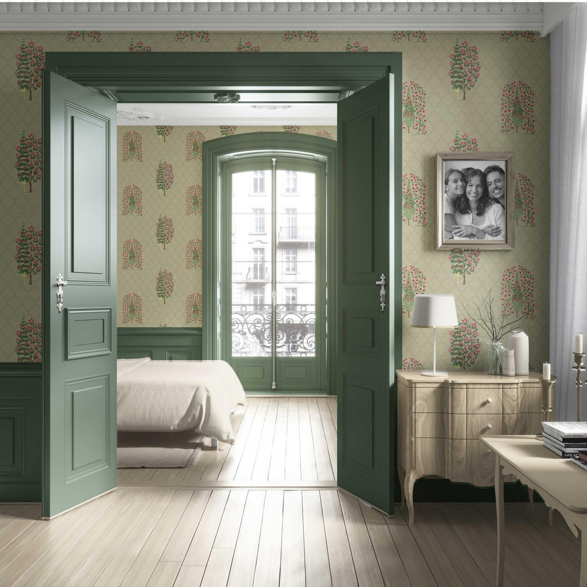 Botanical/ Floral Print Living Room Wallpaper Sample (Olive Green/ Pink)