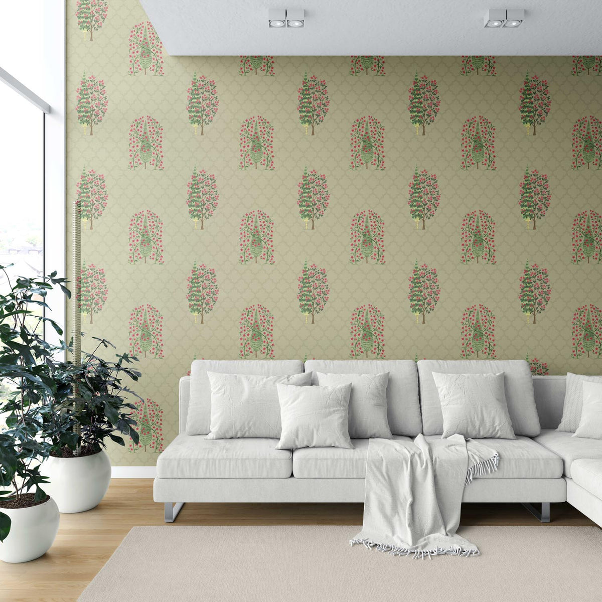 Botanical/ Floral Print Shower Toilet Wallpaper Sample (Olive Green/ Pink)