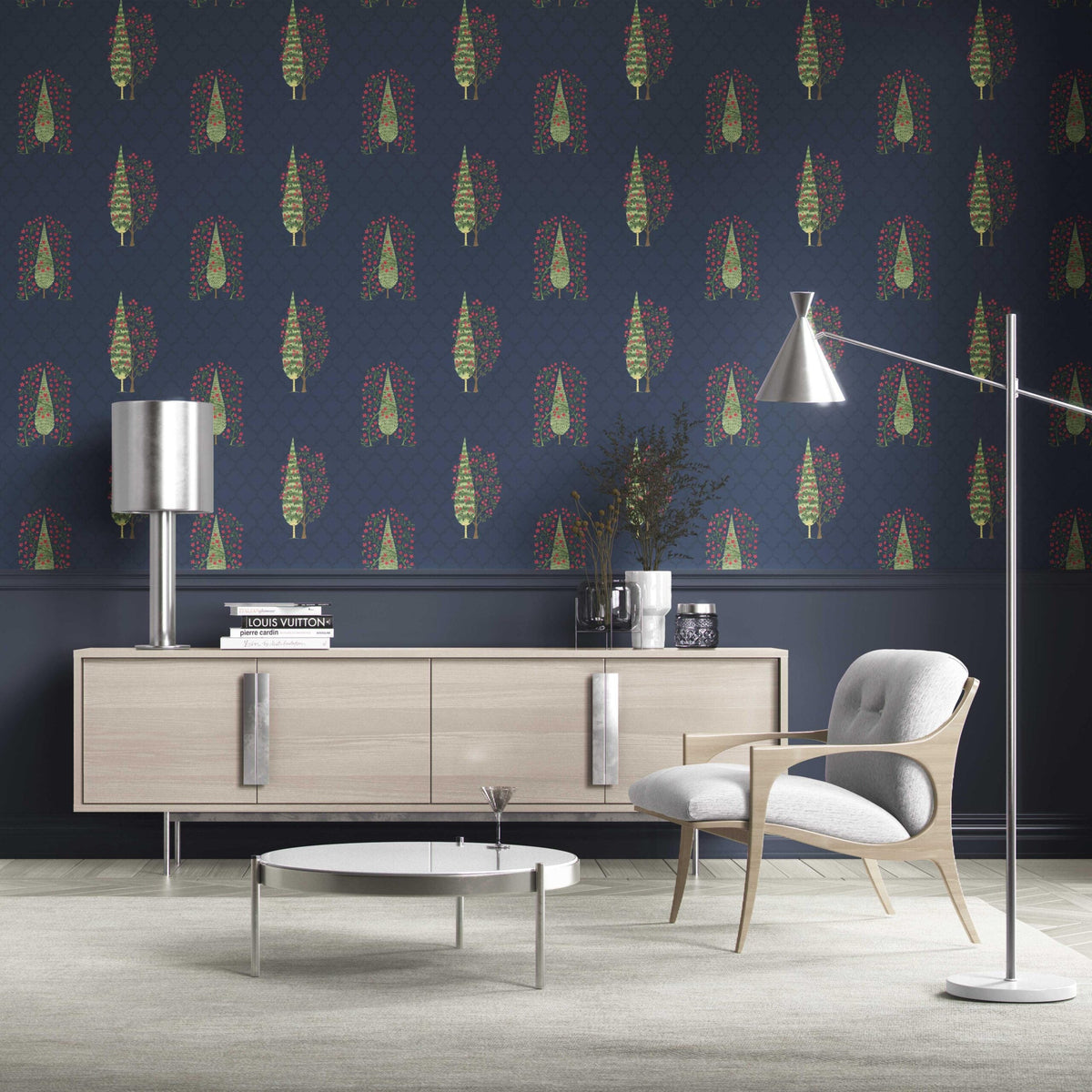 Botanical/ Floral Print Traditional Wallpaper Sample (Navy Blue/ Pink/ Green)