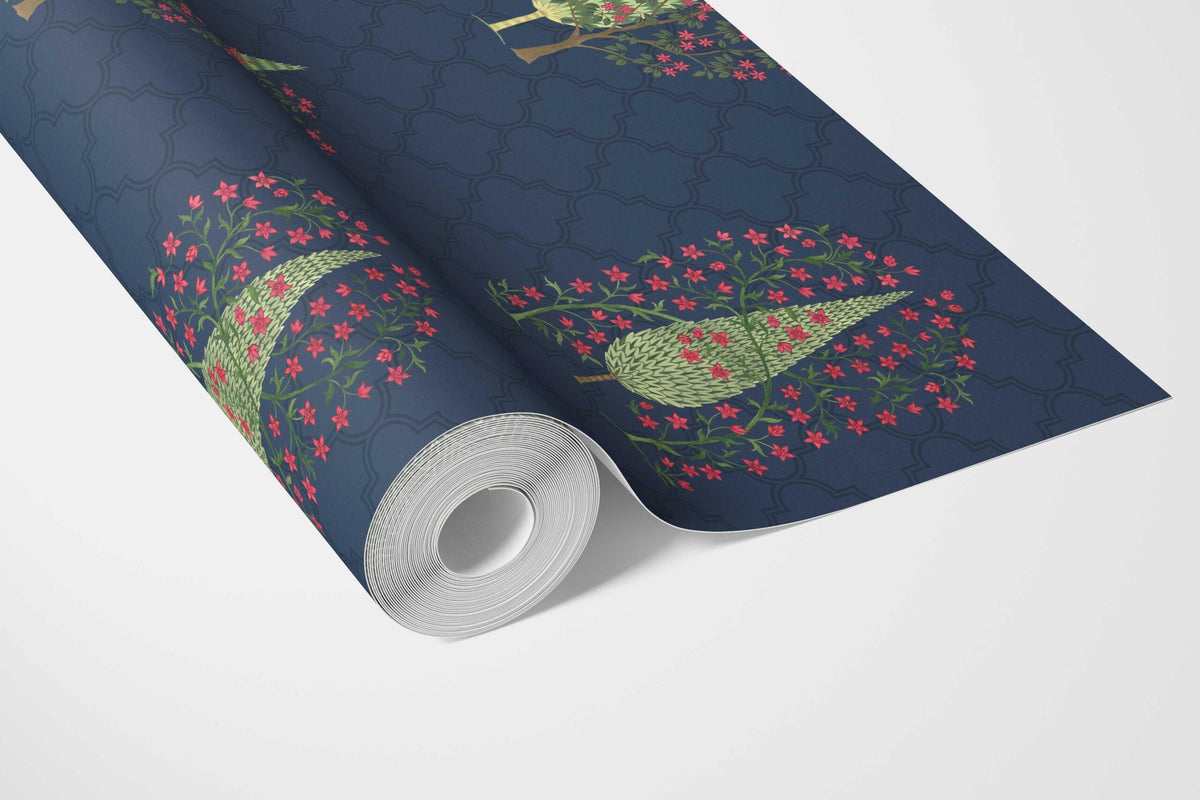 Botanical/ Floral Print Bathroom Wallpaper Sample (Navy Blue/ Pink/ Green)