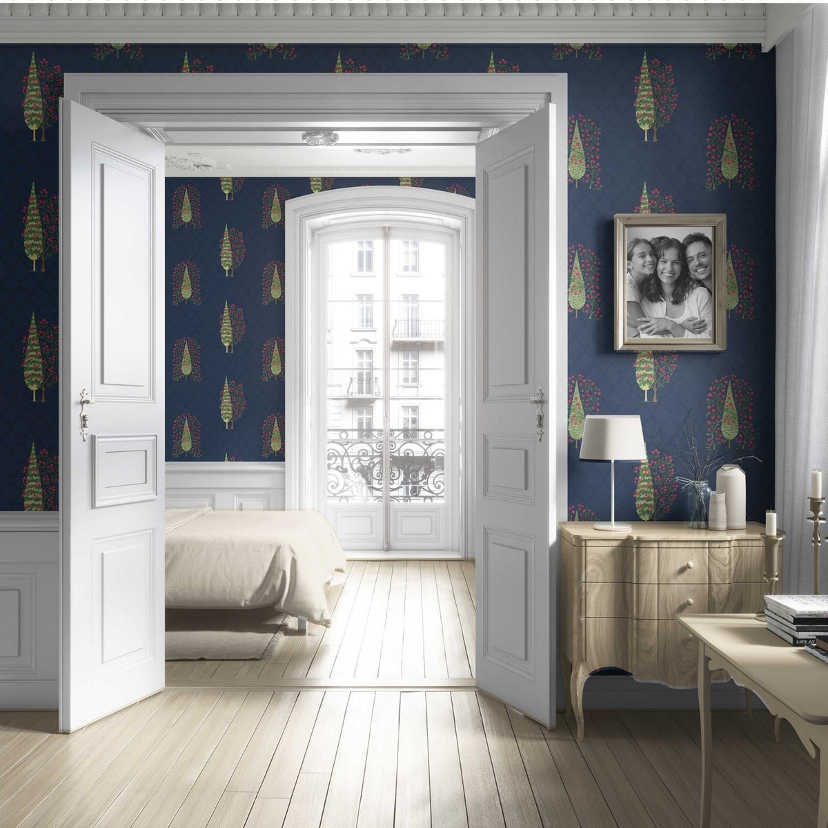 Botanical/ Floral Print Living Room Wallpaper (Navy Blue/ Pink/ Green)