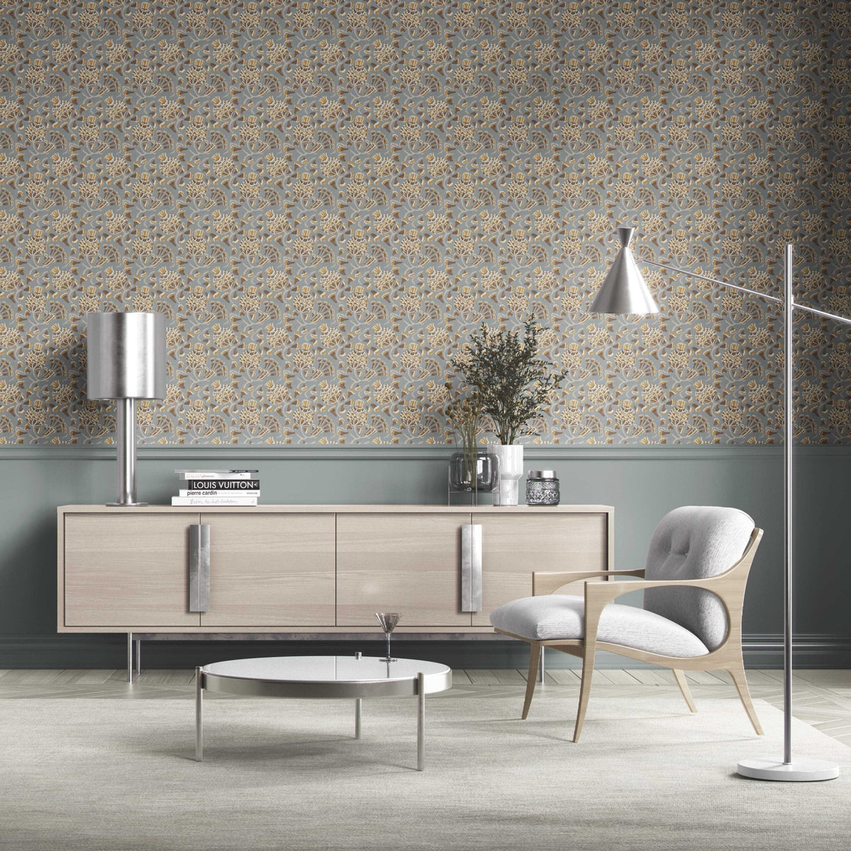 Modern Floral/ Botanical Kitchen Wallpaper Sample (Blue-Gray/ Brown/ Gold/ Beige)