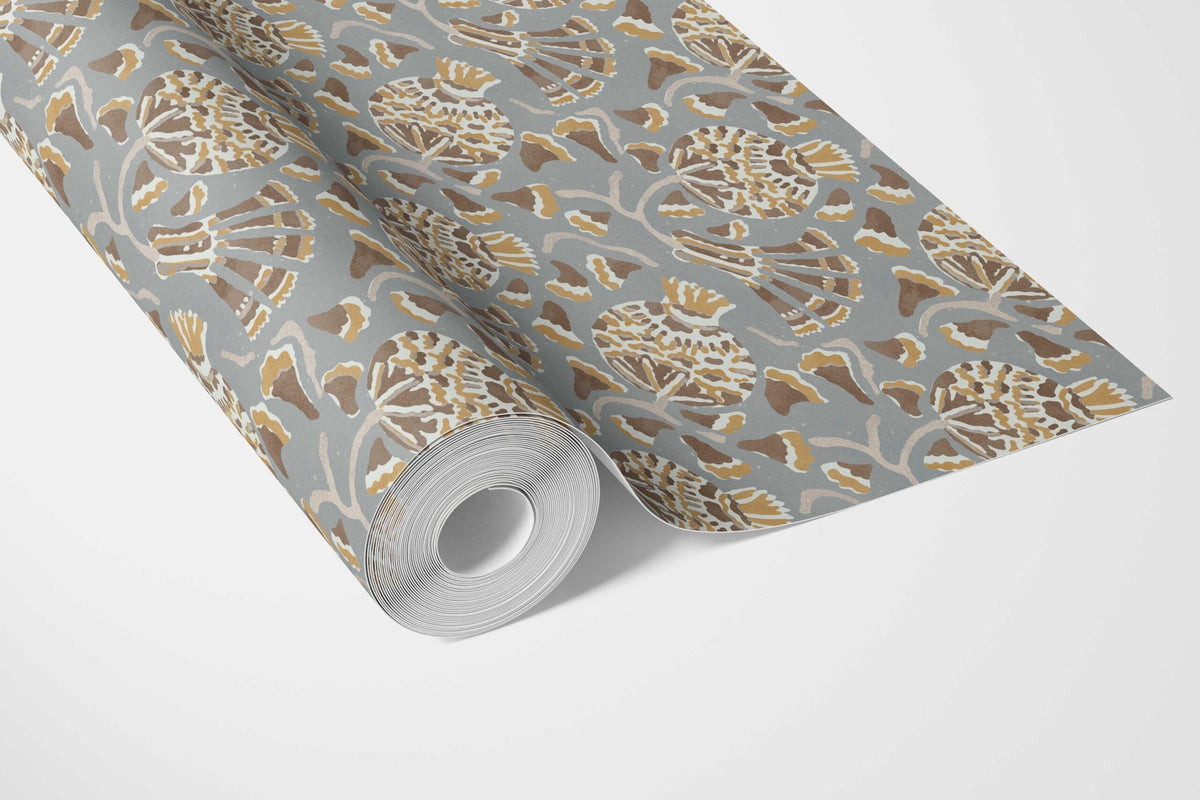 Modern Floral/ Botanical Bathroom Wallpaper Sample (Blue-Gray/ Brown/ Gold/ Beige)