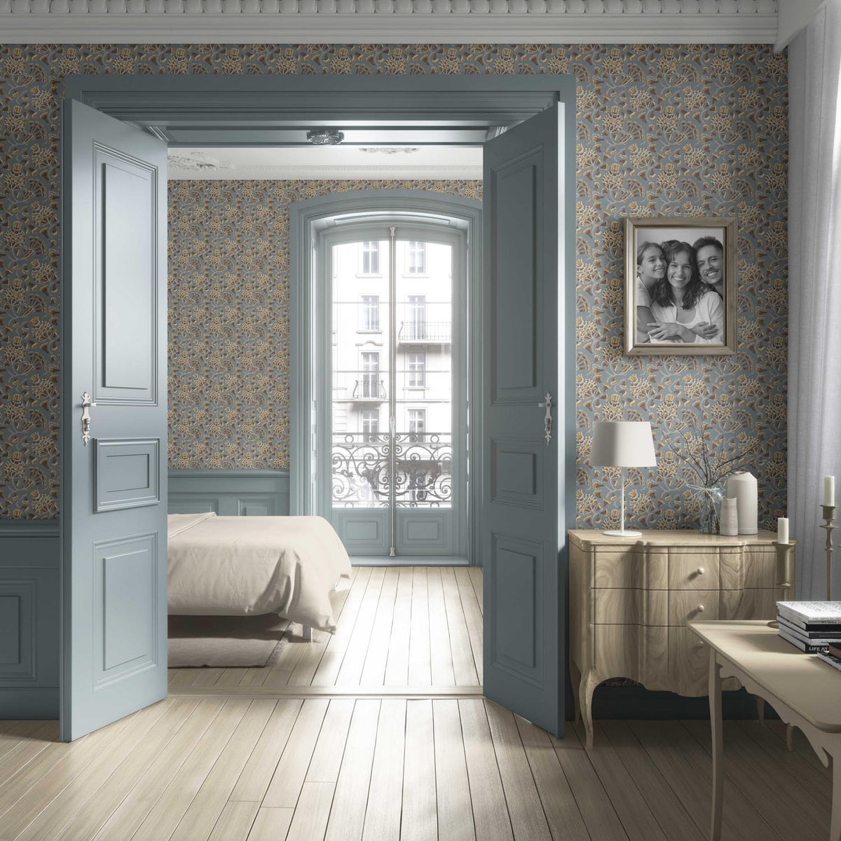 Modern Floral/ Botanical Living Room Wallpaper Sample (Blue-Gray/ Brown/ Gold/ Beige)