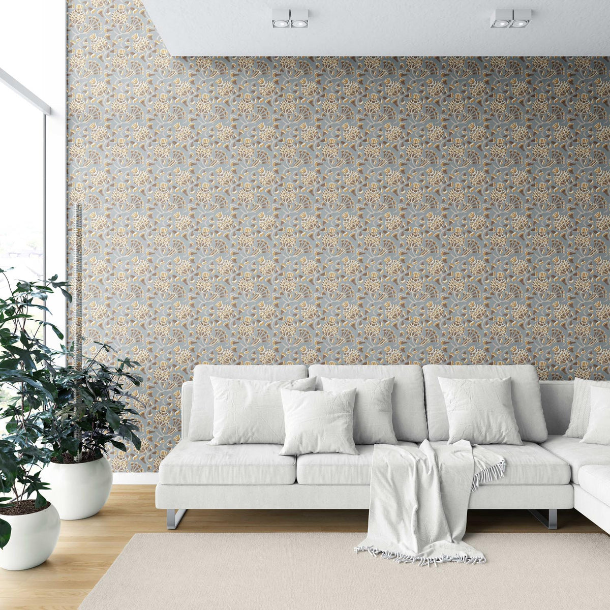Modern Floral/ Botanical Shower Toilet Wallpaper (Blue-Gray/ Brown/ Gold/ Beige)