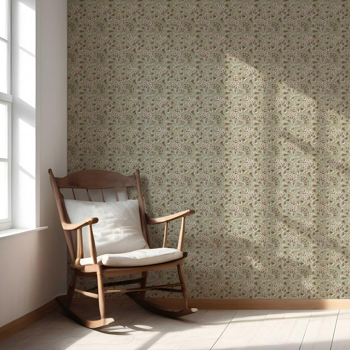 Modern Floral/ Botanical Nursery Wallpaper (Olive Green/ Brown/ Gold/ Beige)