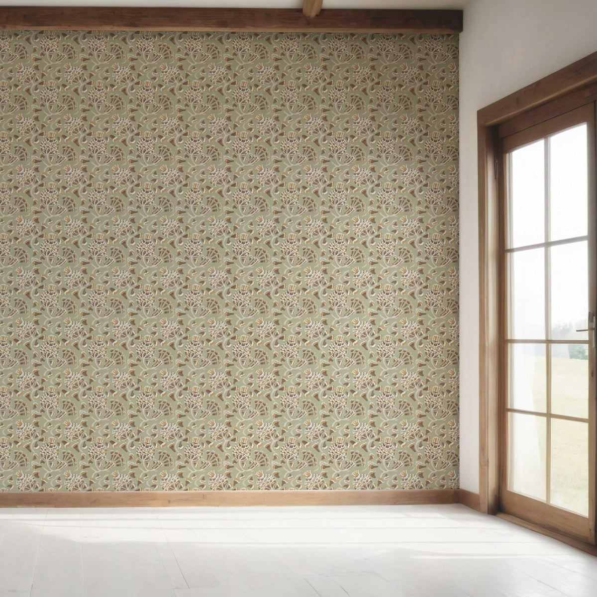 Modern Floral/ Botanical Bedroom Wallpaper Sample (Olive Green/ Brown/ Gold/ Beige)