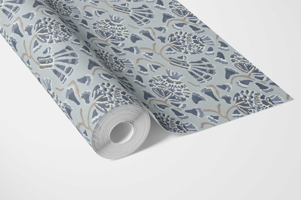 Modern Floral/ Botanical Bathroom Wallpaper Sample (Slate Blue/ Gray)