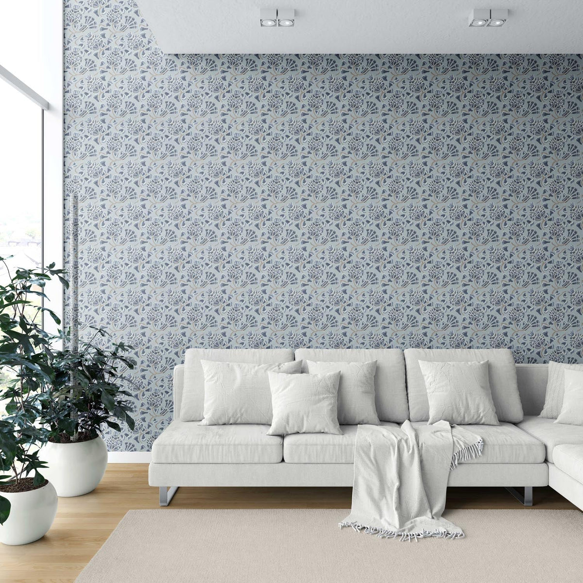 Modern Floral/ Botanical Shower Toilet Wallpaper Sample (Slate Blue/ Gray)