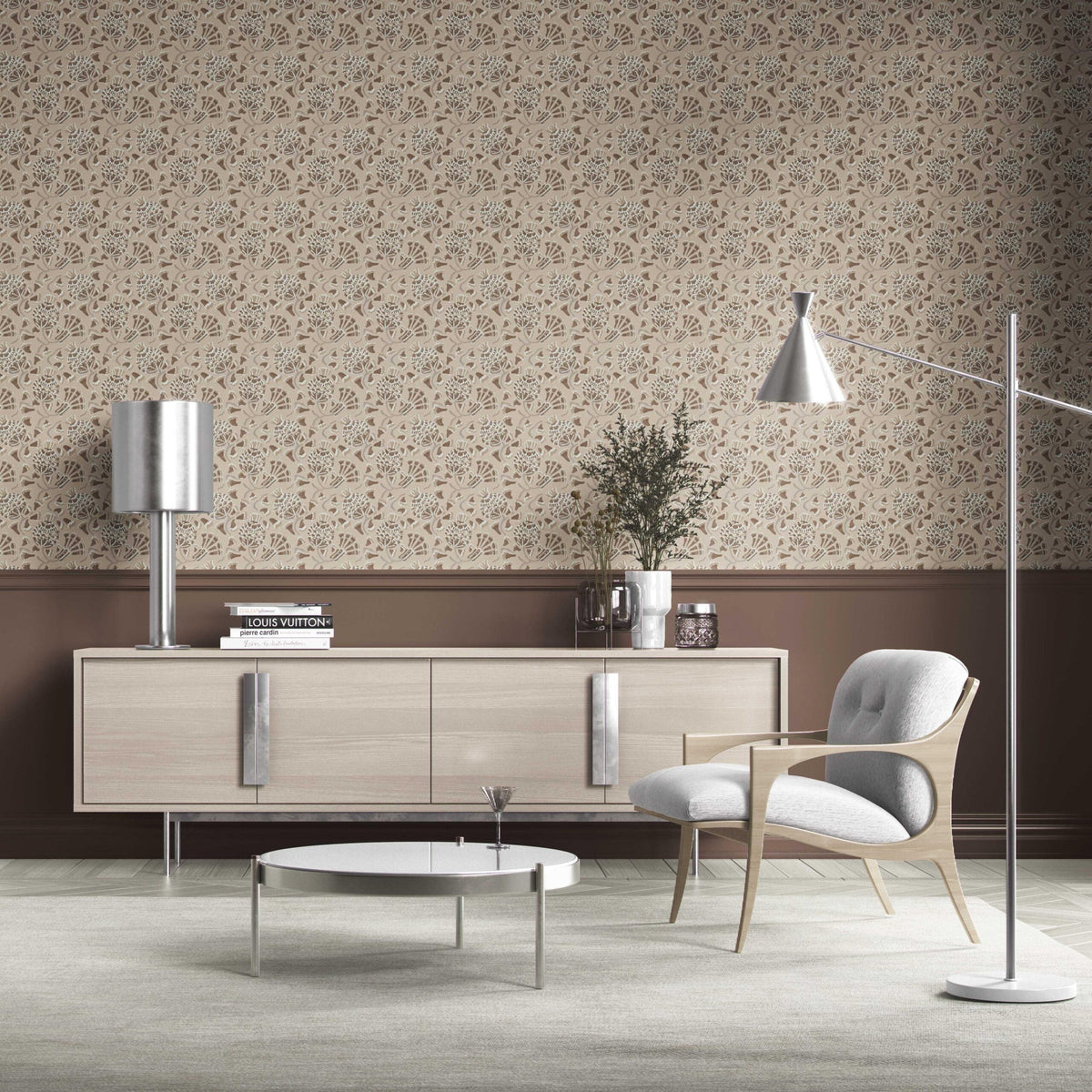 Neutral Modern Floral/ Botanical Kitchen Wallpaper Sample (Brown/ Taupe/ Beige)