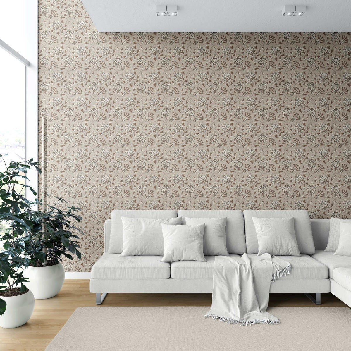Neutral Modern Floral/ Botanical Shower Toilet Wallpaper Sample (Brown/ Taupe/ Beige)