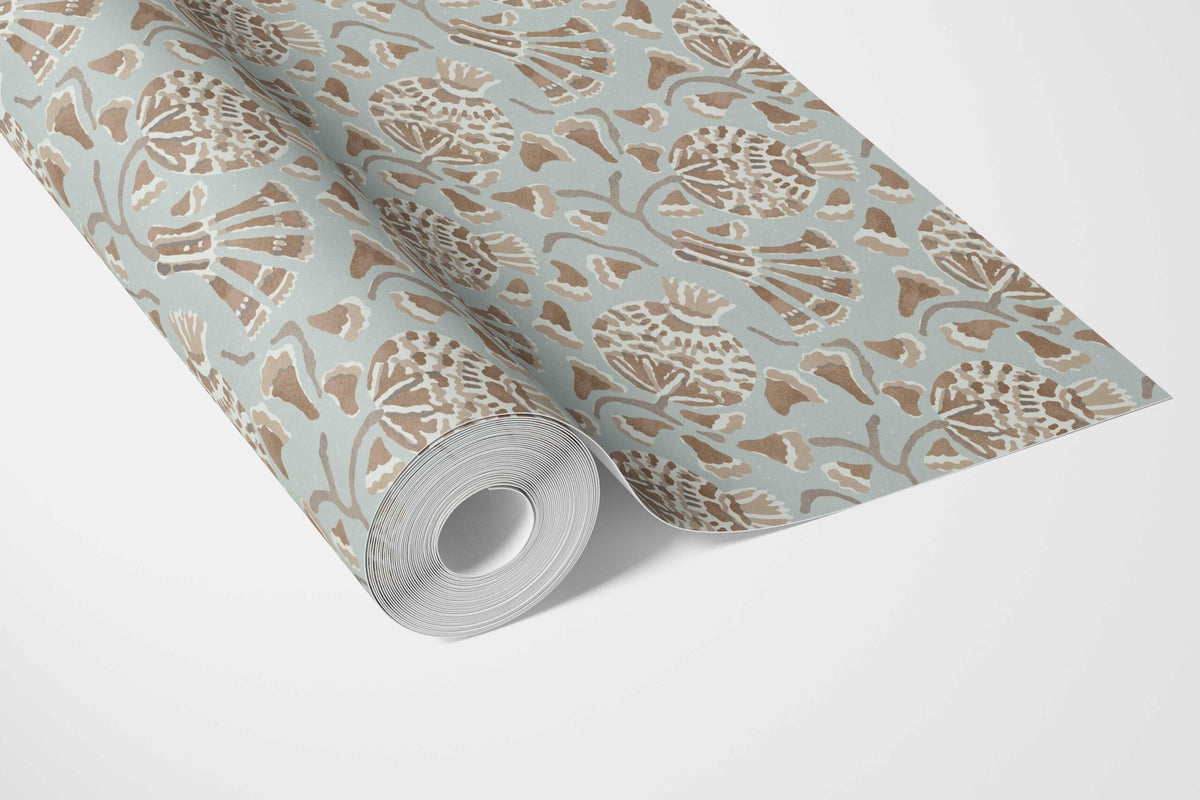 Modern Floral/ Botanical Bathroom Wallpaper Sample (Blue/ Brown/ Beige)
