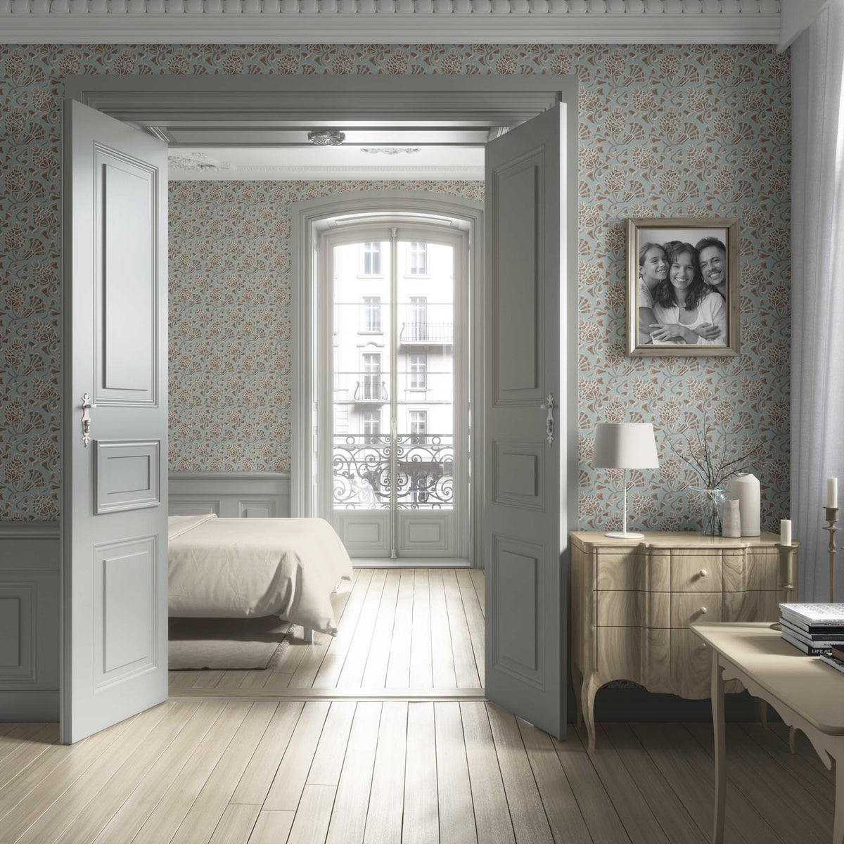 Modern Floral/ Botanical Living Room Wallpaper Sample (Blue/ Brown/ Beige)