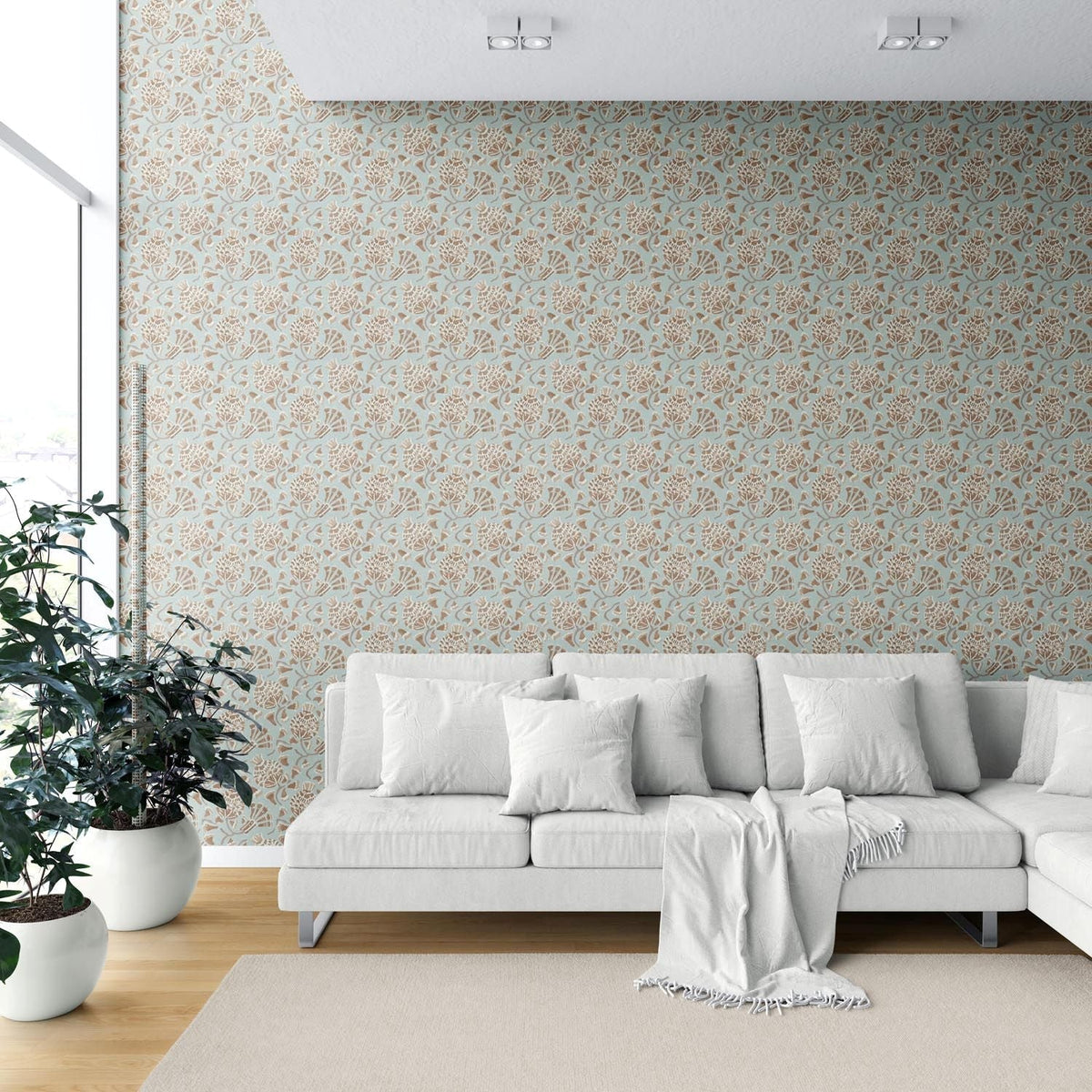 Modern Floral/ Botanical Shower Toilet Wallpaper Sample (Blue/ Brown/ Beige)