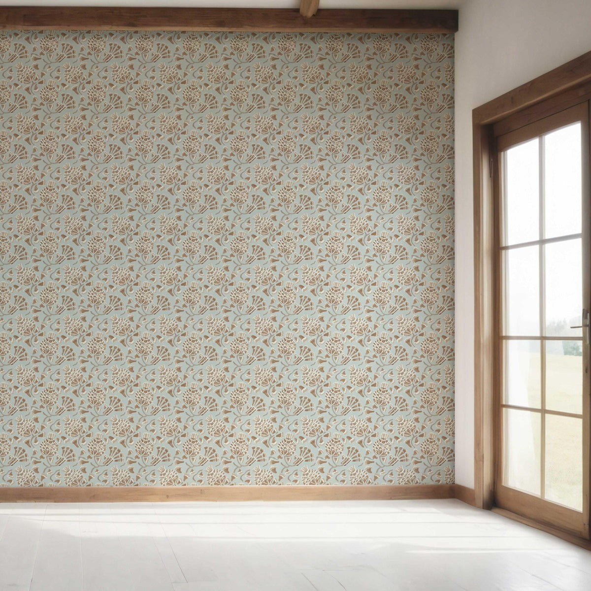 Modern Floral/ Botanical Bedroom Wallpaper Sample (Blue/ Brown/ Beige)