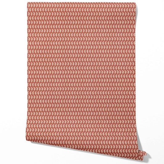 Small Paisley Floral Patterned Print Traditional Wallpaper (Brick Red/ White)