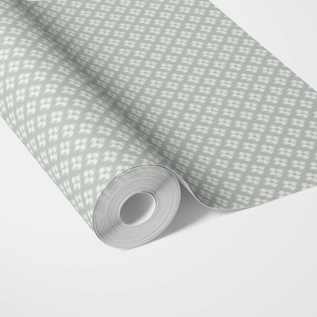 Small Geometric Ikat-Style Floral Block Print Traditional Wallpaper (Duck Egg Blue/ White)