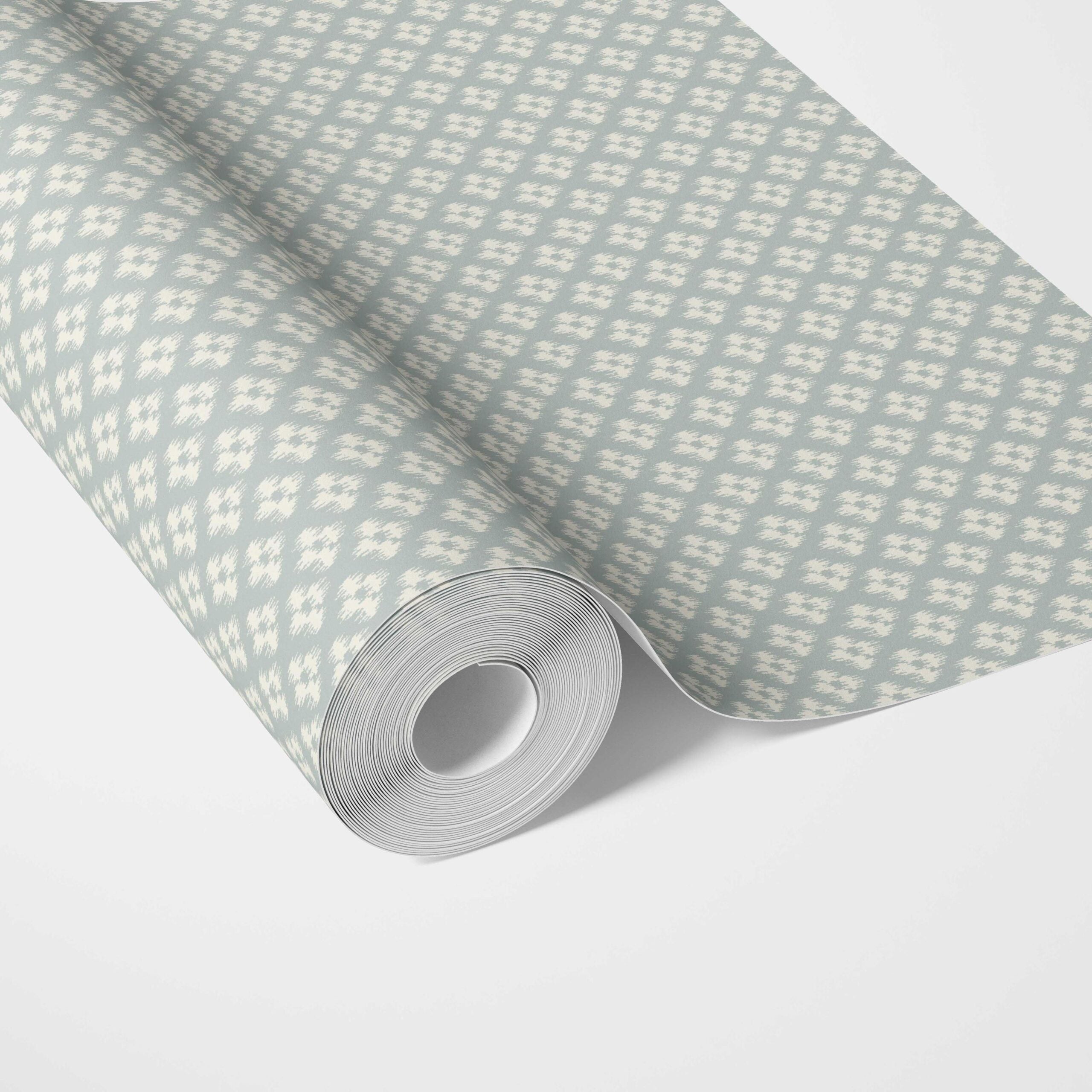 Small Geometric Ikat-Style Floral Block Print Traditional Wallpaper Sample (Duck Egg Blue/ White)
