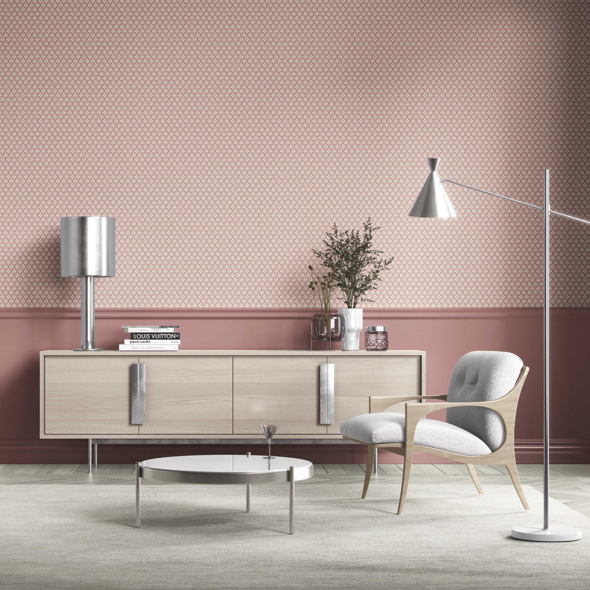 Small Geometric Ikat-Style Floral Block Print Bathroom Wallpaper (Pink/ White)