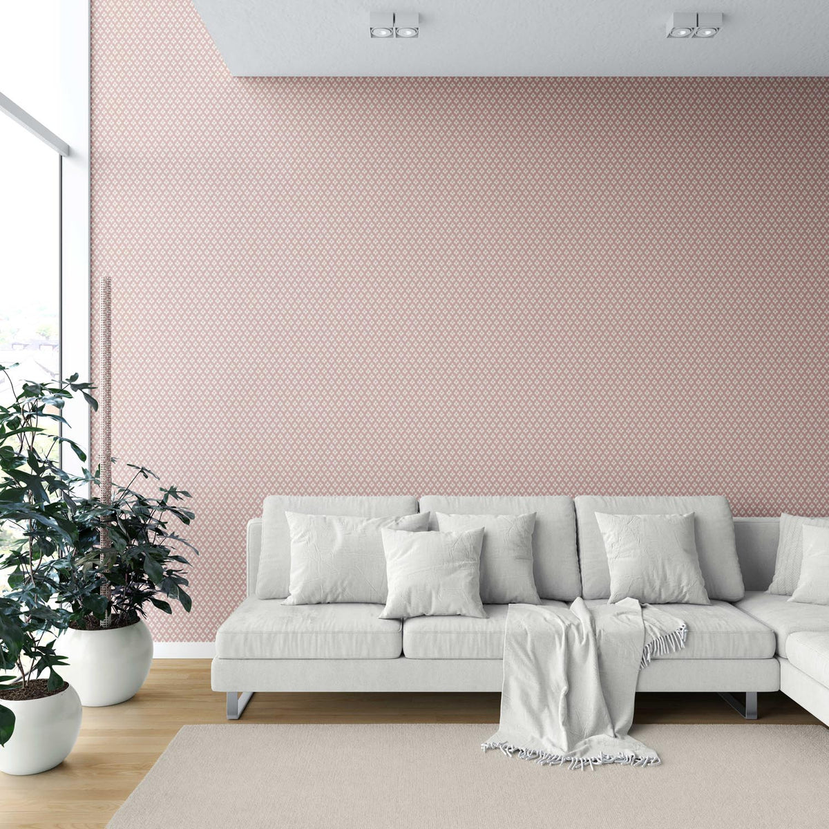 Small Geometric Ikat-Style Floral Block Print Shower Toilet Wallpaper Sample (Pink/ White)
