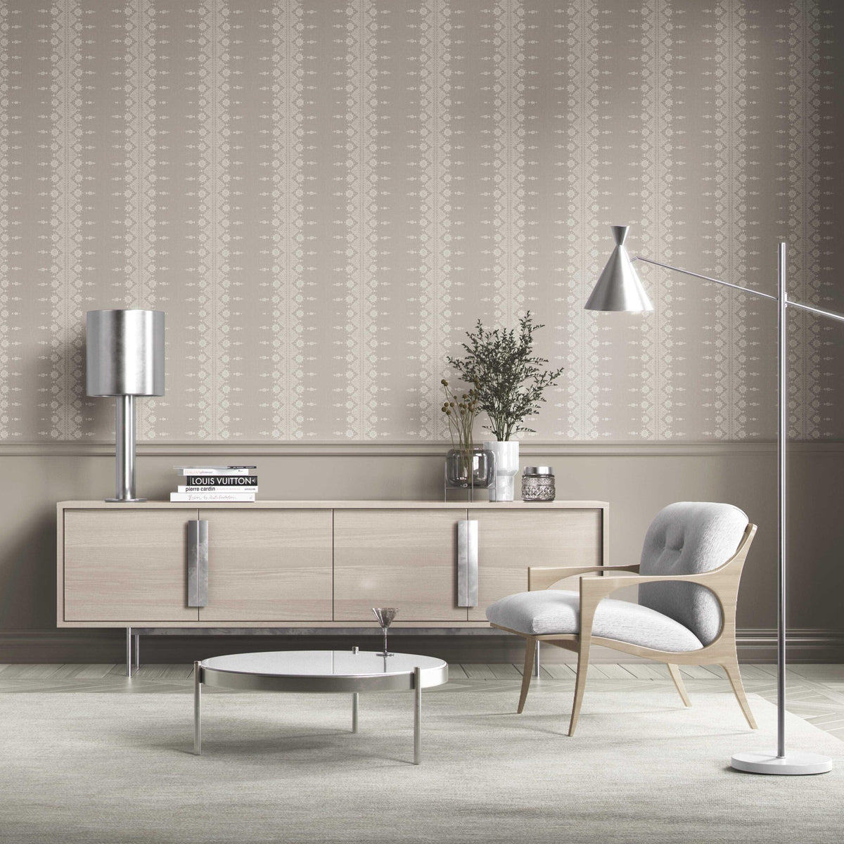 Neutral Floral Striped Kitchen Wallpaper (Gray/ Off White)