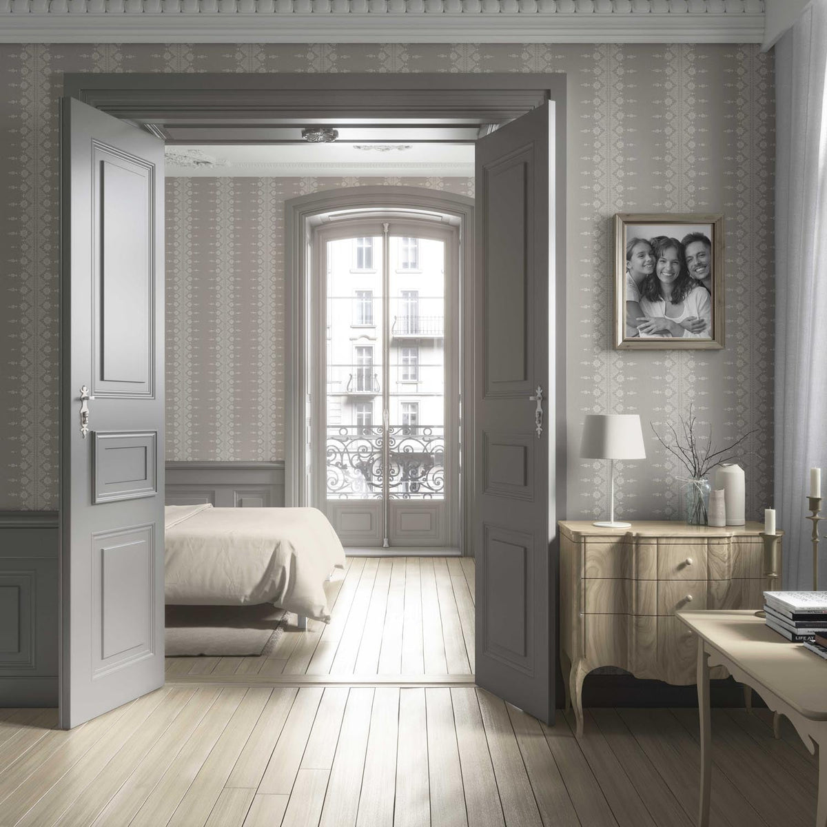 Neutral Floral Striped Living Room Wallpaper Sample (Gray/ Off White)