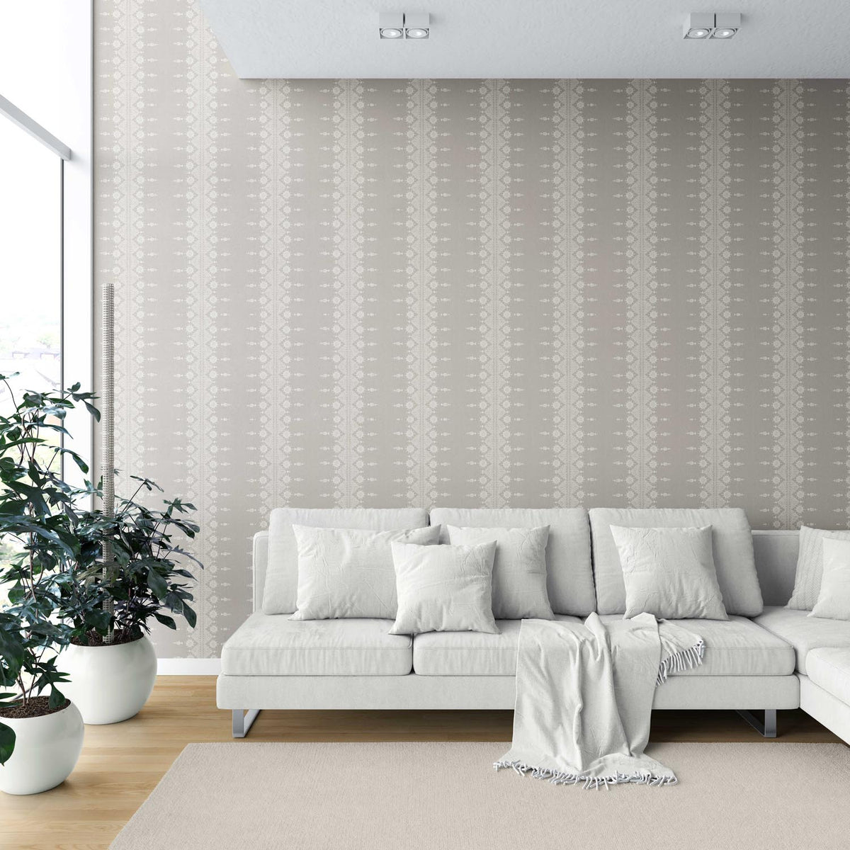 Neutral Floral Striped Shower Toilet Wallpaper Sample (Gray/ Off White)