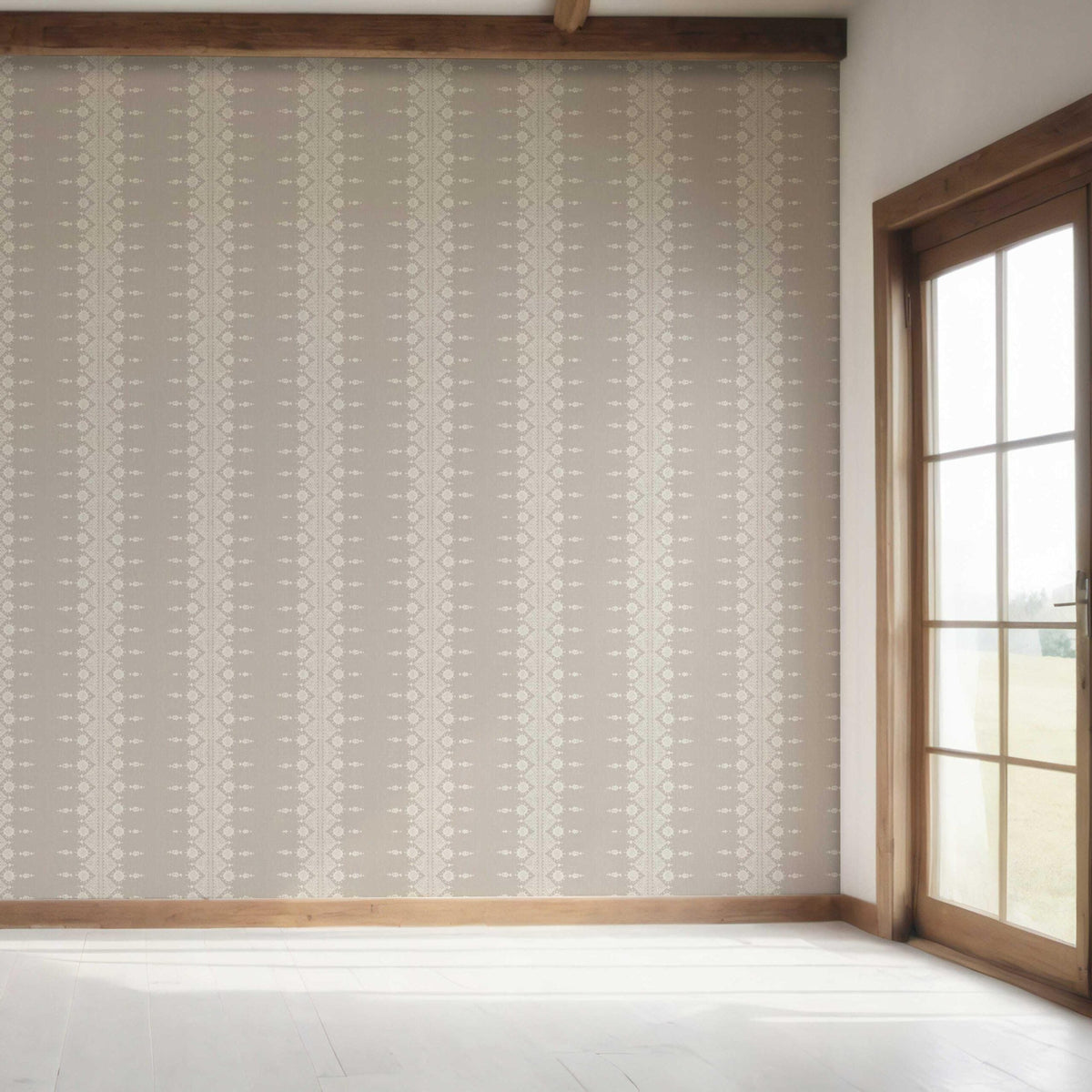 Neutral Floral Striped Bedroom Wallpaper Sample (Gray/ Off White)