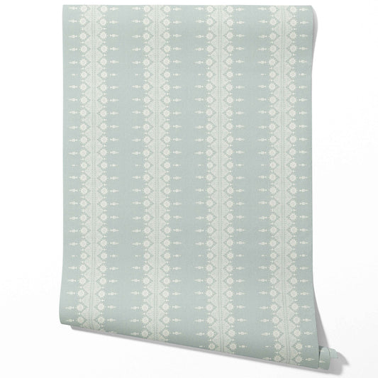 Floral Striped Traditional Wallpaper (Duck Egg Blue/ Off-White)