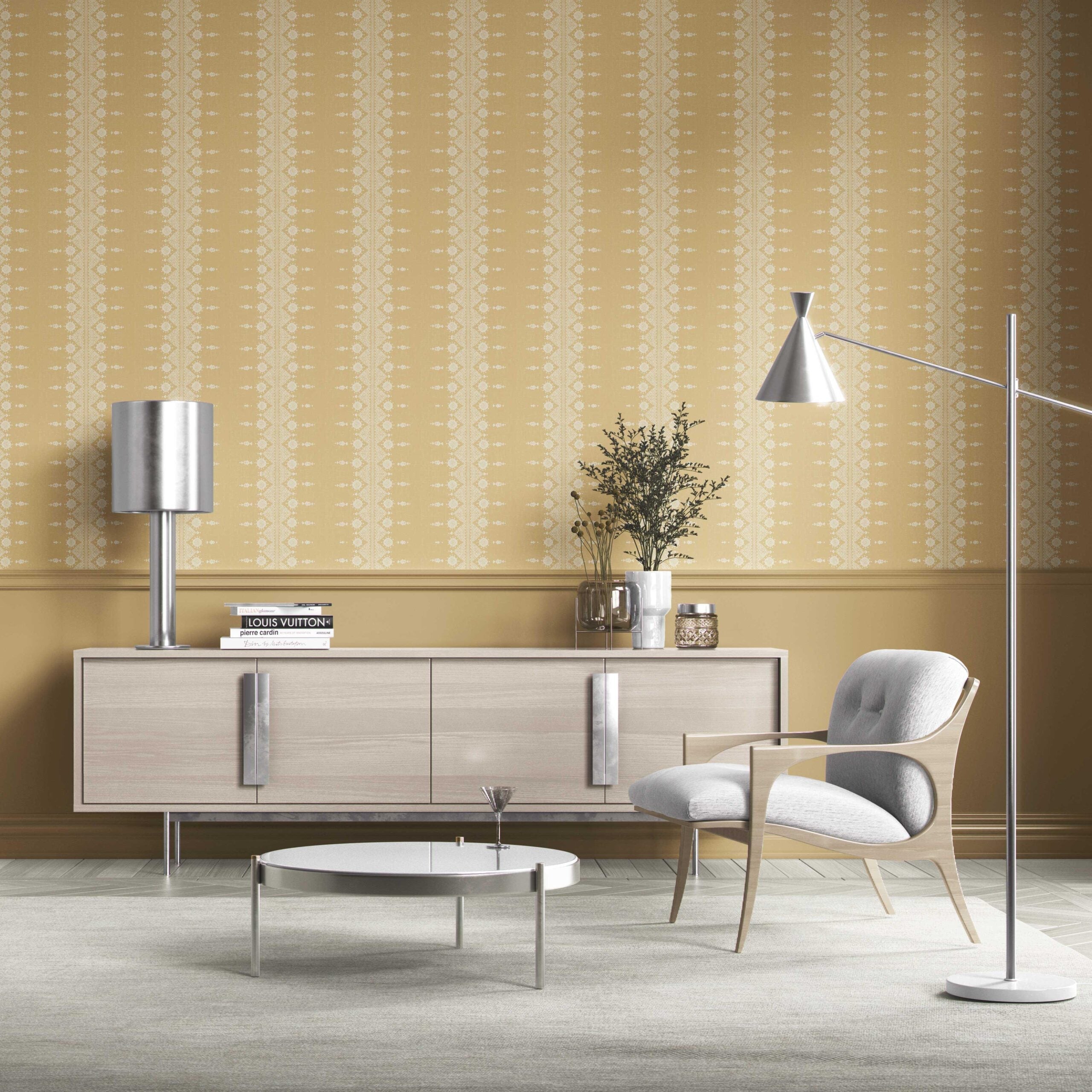 Floral Striped Kitchen Wallpaper Sample (Yellow/ Off-White)