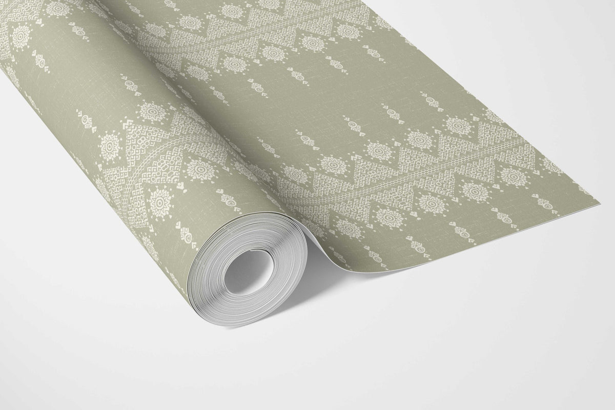 Floral Striped Bathroom Wallpaper Sample (Green/ Off-White)