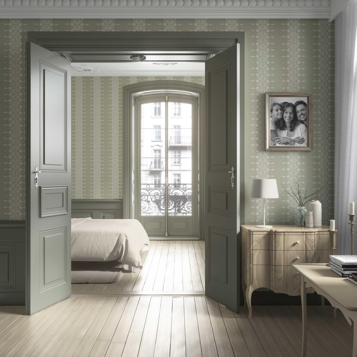 Floral Striped Living Room Wallpaper Sample (Green/ Off-White)