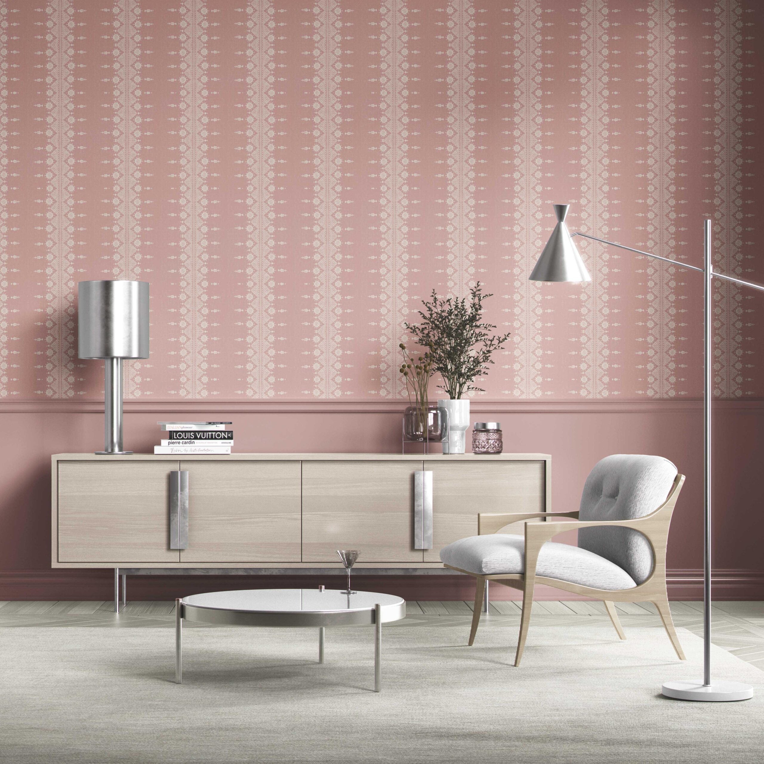 Floral Striped Kitchen Wallpaper Sample (Pink/ Off-White)