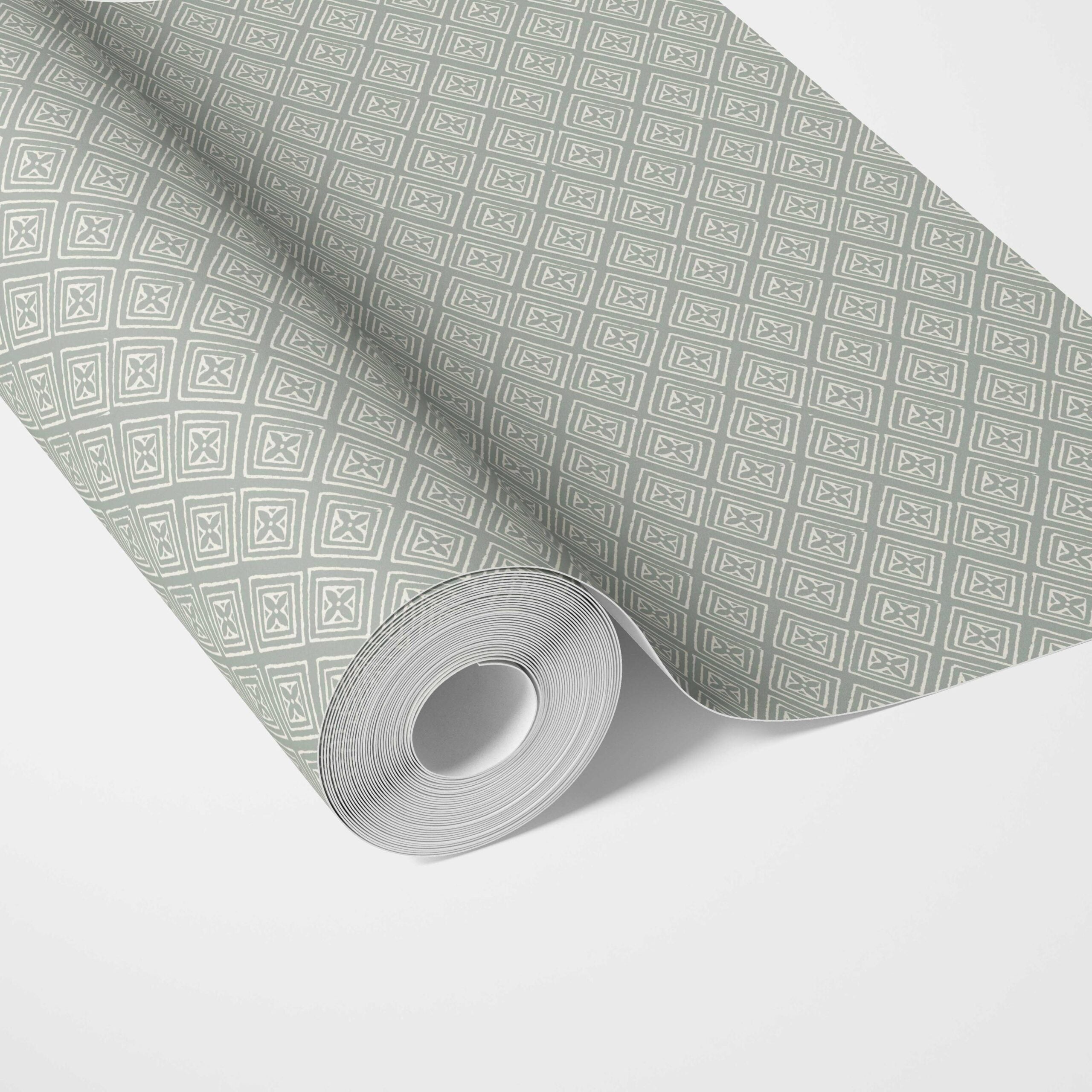 Small Diamond Lattice/ Textured Check Traditional Wallpaper (Green-Gray/ White)