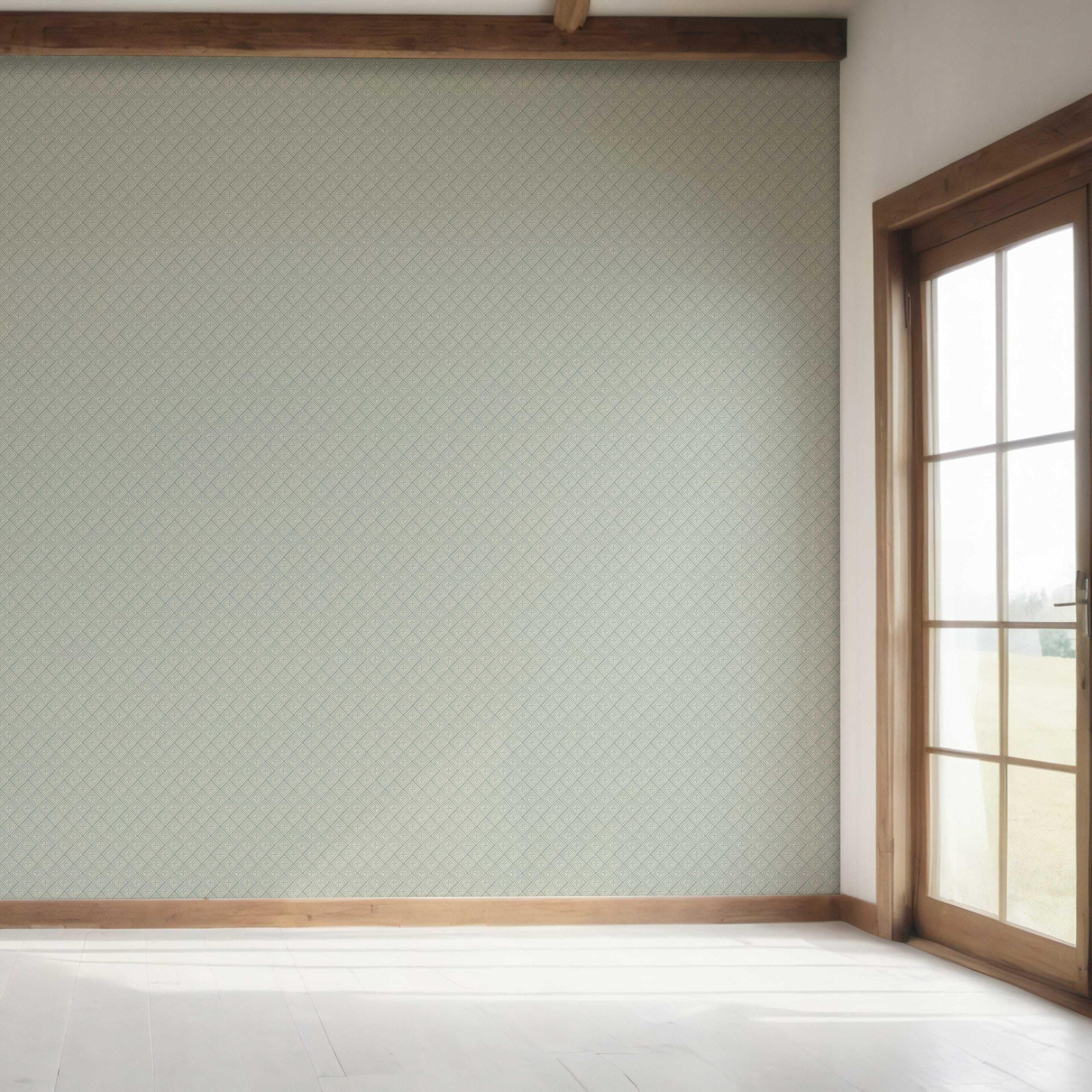 Small Diamond Lattice/ Textured Check Bedroom Wallpaper (Green-Gray/ White)