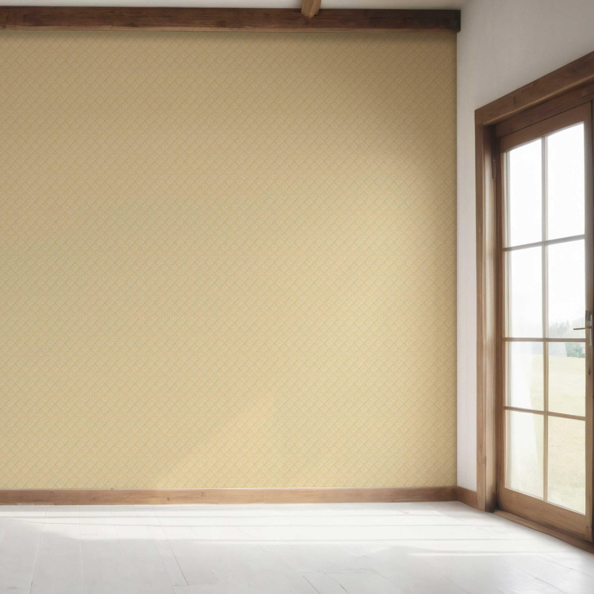 Small Diamond Lattice/ Textured Check Bedroom Wallpaper (Ochre Yellow/ White)