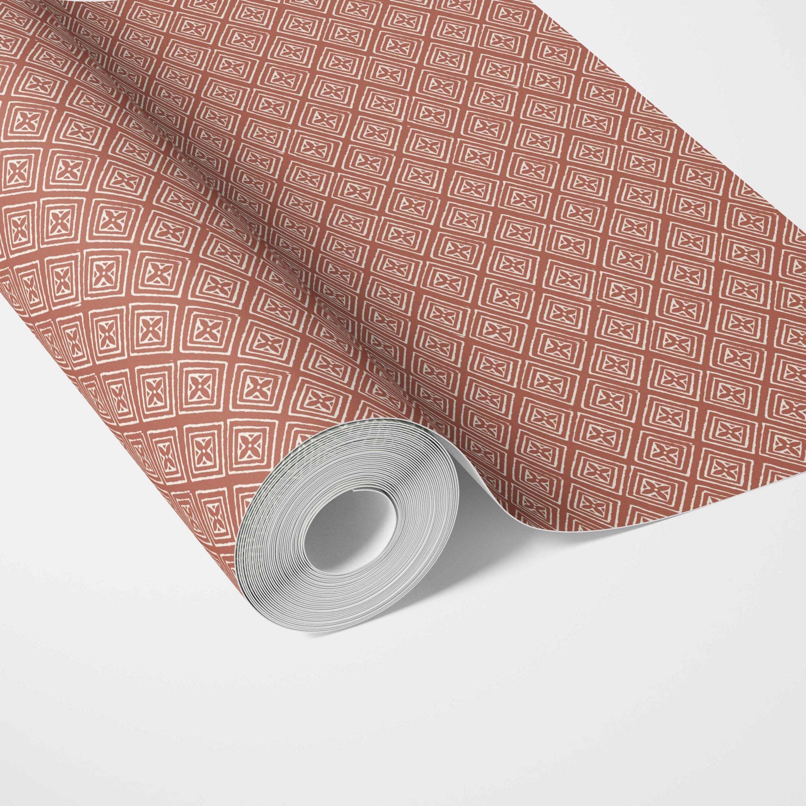 Small Diamond Lattice/ Textured Check Traditional Wallpaper (Terracotta Red/ White)