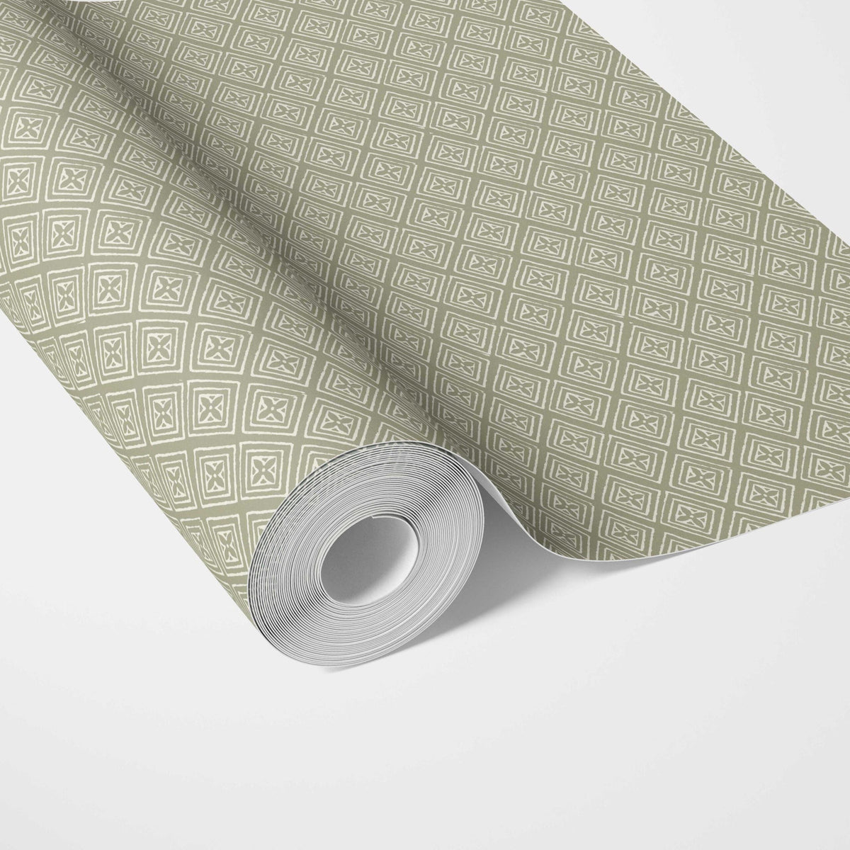 Small Diamond Lattice/ Textured Check Traditional Wallpaper Sample (Olive Green/ White)
