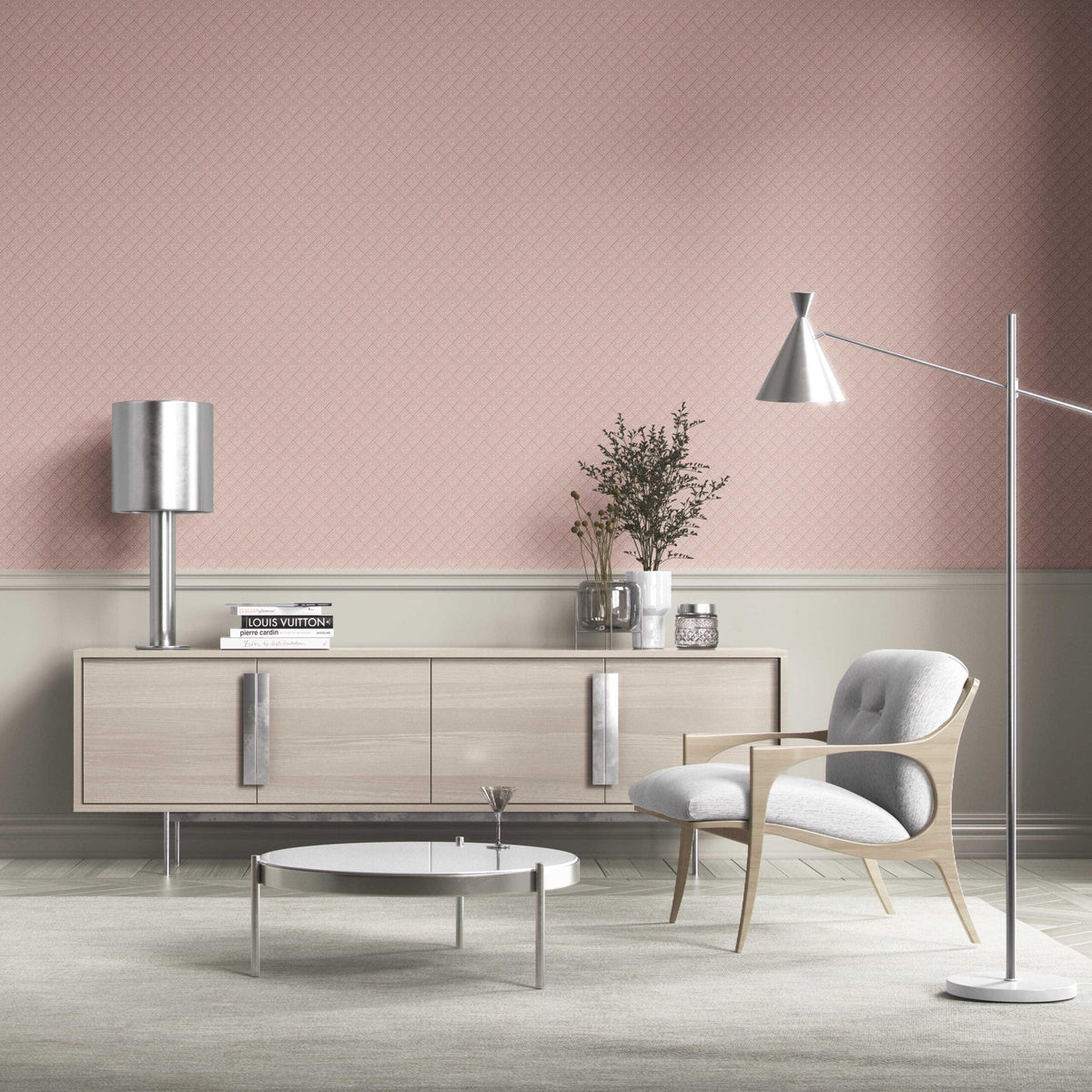 Small Diamond Lattice/ Textured Check Bathroom Wallpaper (Pink/ White)
