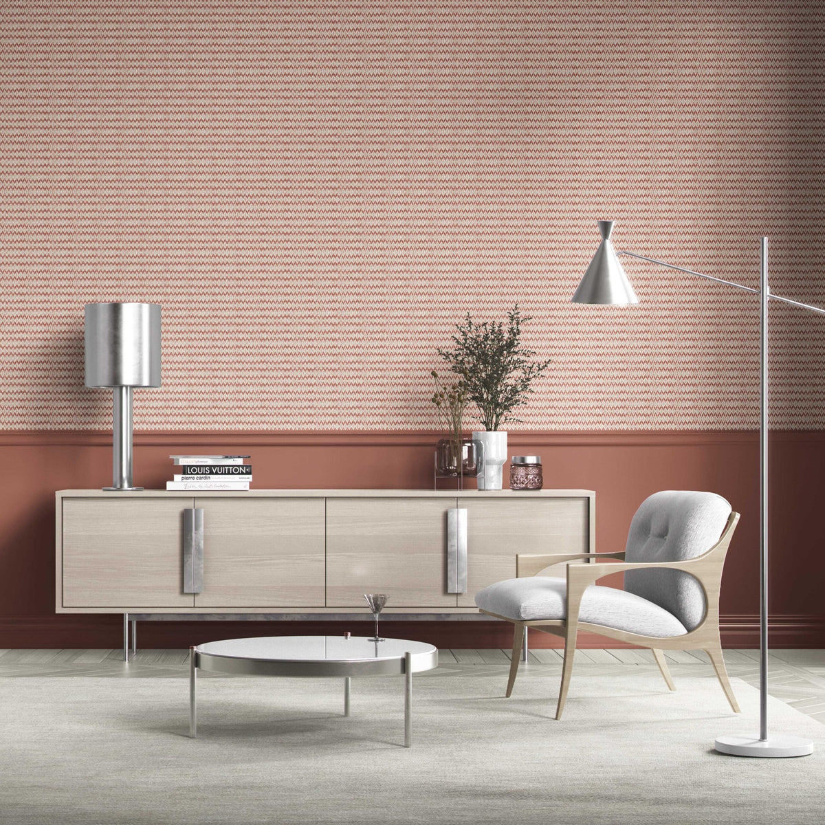 Geometric Ikat Striped Bathroom Wallpaper (Brick Red/ White)