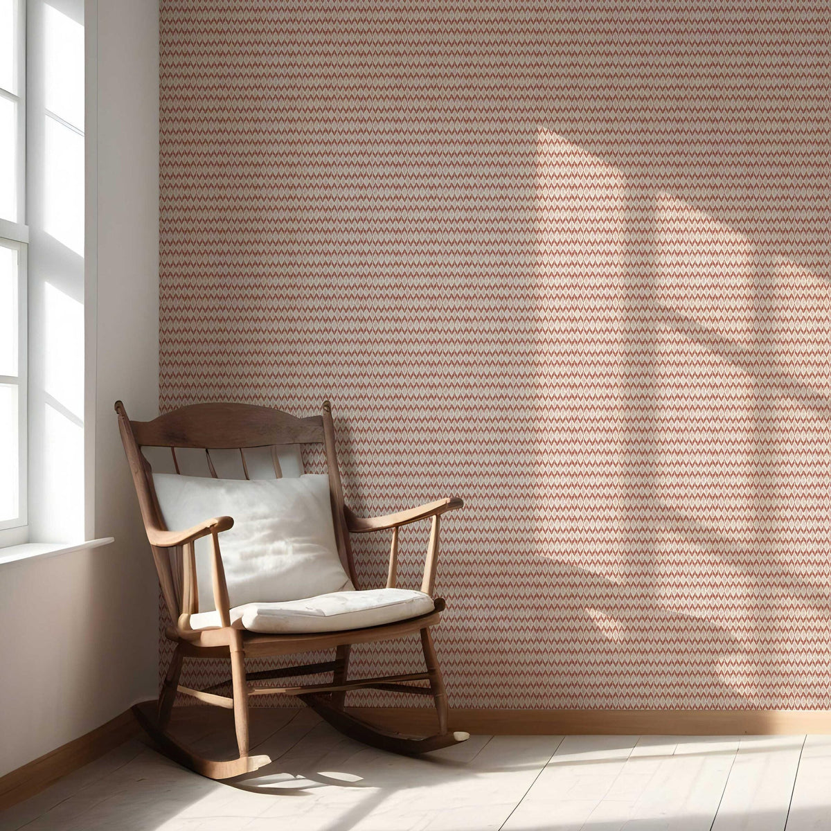 Geometric Ikat Striped Nursery Wallpaper (Brick Red/ White)